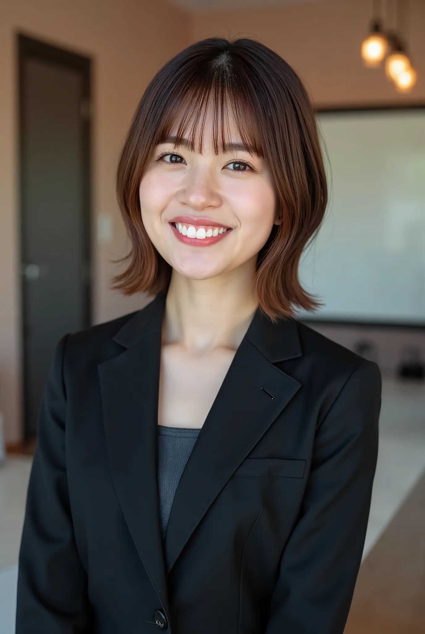 Neat Young Woman、and look at the camera、smile showing teeth、office lady suit、jacket、shirt、 pale brown hair、dark eyeshadow、upper body、Background is in a room、