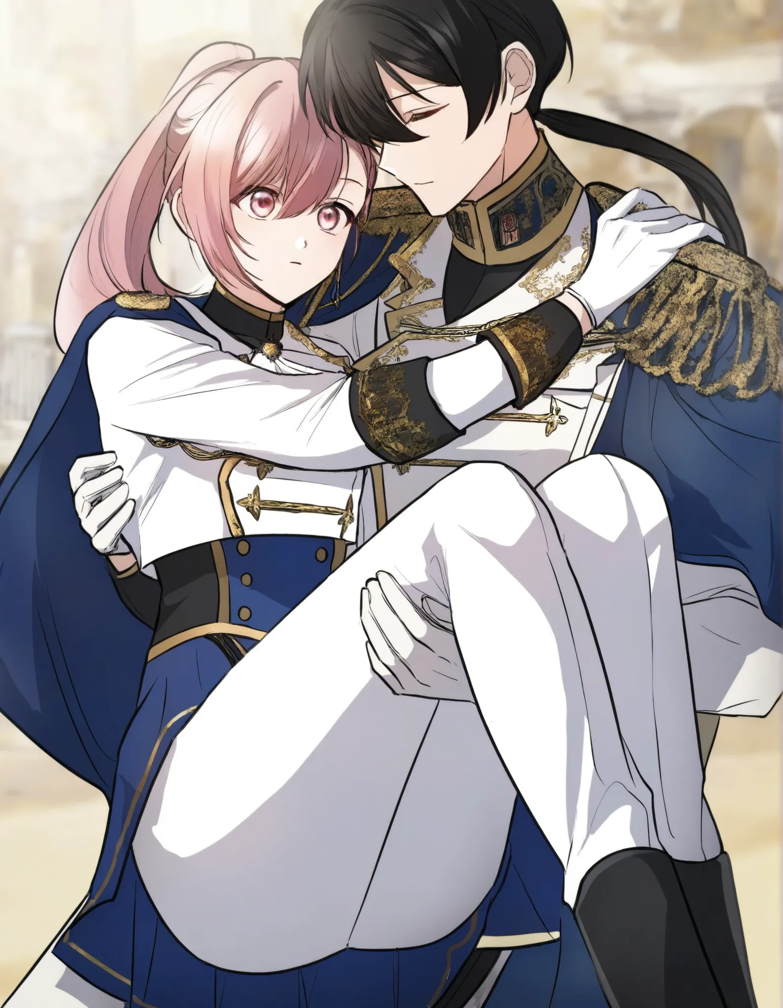 masterpiece,best quality,Regina rena, 1girl, solo , pink hair, ponytail,wearing a stylish military-inspired ,, white pants , blue skirt, Jacket , blue Cape ,white military-style jacket with gold accents, including decorative buttons and trim, Gloves , prin...