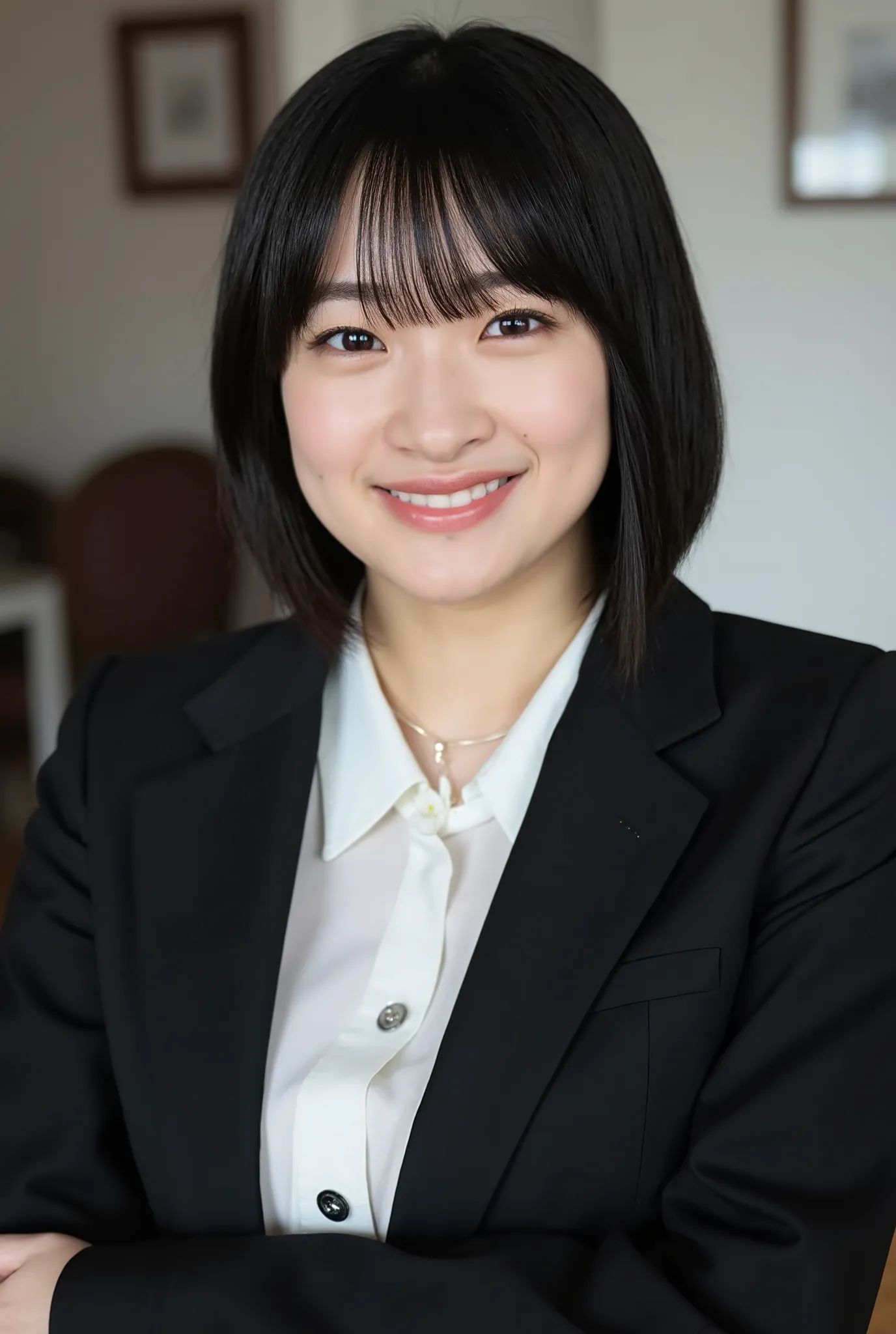 Neat Young Woman、and look at the camera、smile showing teeth、office lady suit、jacket、shirt、Hairstyle Shortcuts、bob hair、black hair、、necklace、dark eyeshadow、upper body、Background is in a room、
