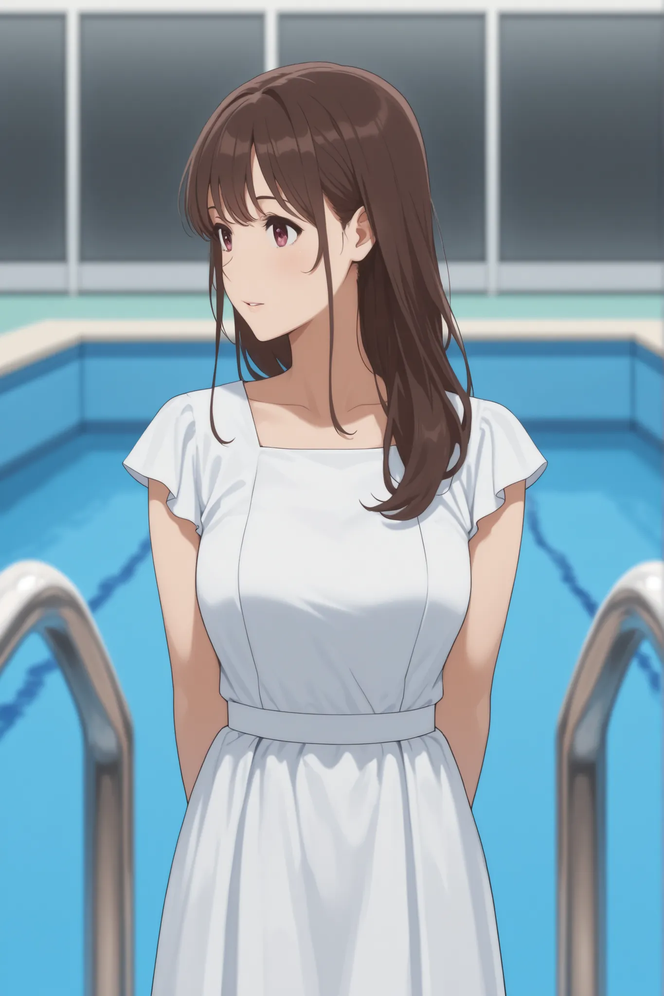 came out of the pool wearing a black and white dress、Japanese woman with medium brown hair
