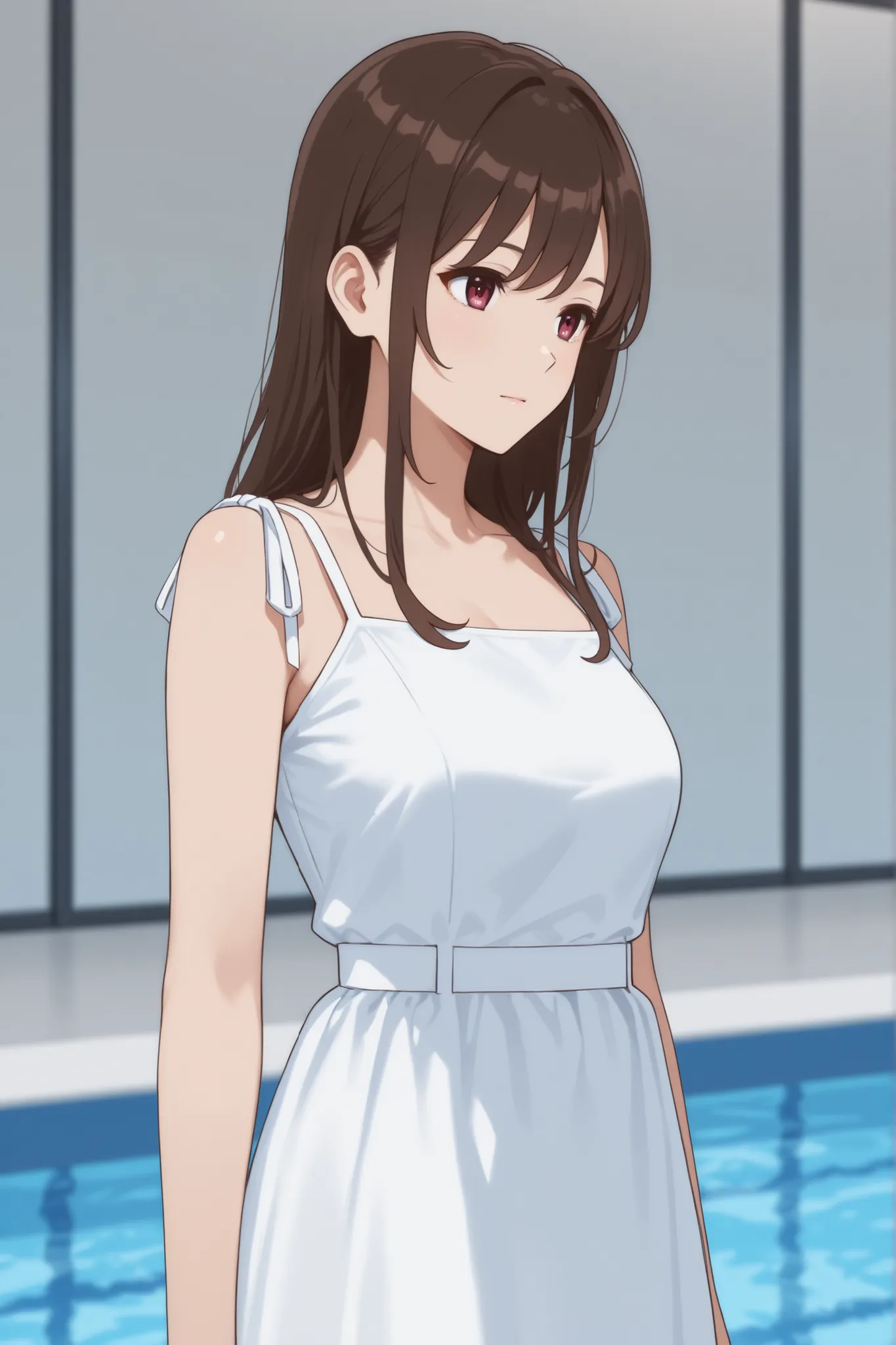 came out of the pool wearing a black and white dress、Japanese woman with medium brown hair
