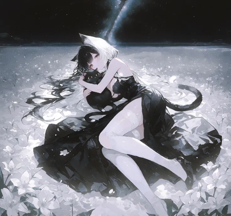 Ultra-high resolution, ultra-high detail, perfect and beautiful face, attractive eyes, two cat girls hugging each other, one has black hair and the other has white hair, cat ears, white hair, black hair, with tail, lying in the flower sea, in a charming an...