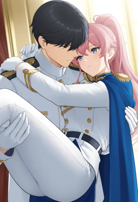 masterpiece,best quality,, 1girl, solo , pink hair, ponytail,wearing a stylish military-inspired ,, white pants , blue skirt, Jacket , blue Cape ,white military-style jacket with gold accents, including decorative buttons and trim, Gloves , princess carry,...