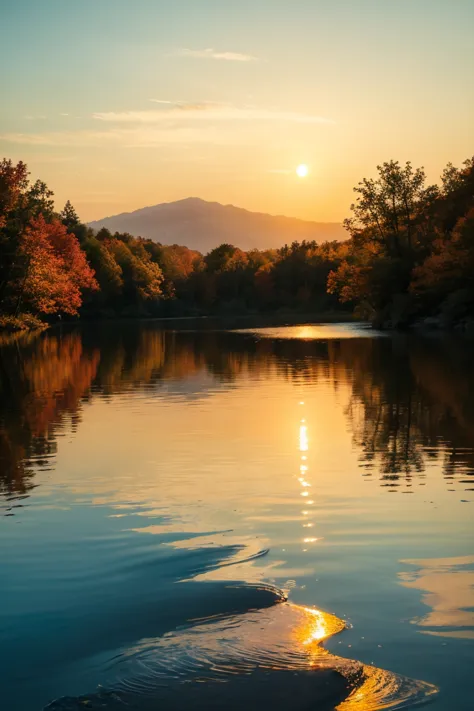  Sunset and Solitude， Autumn Water Goes All in One Color 