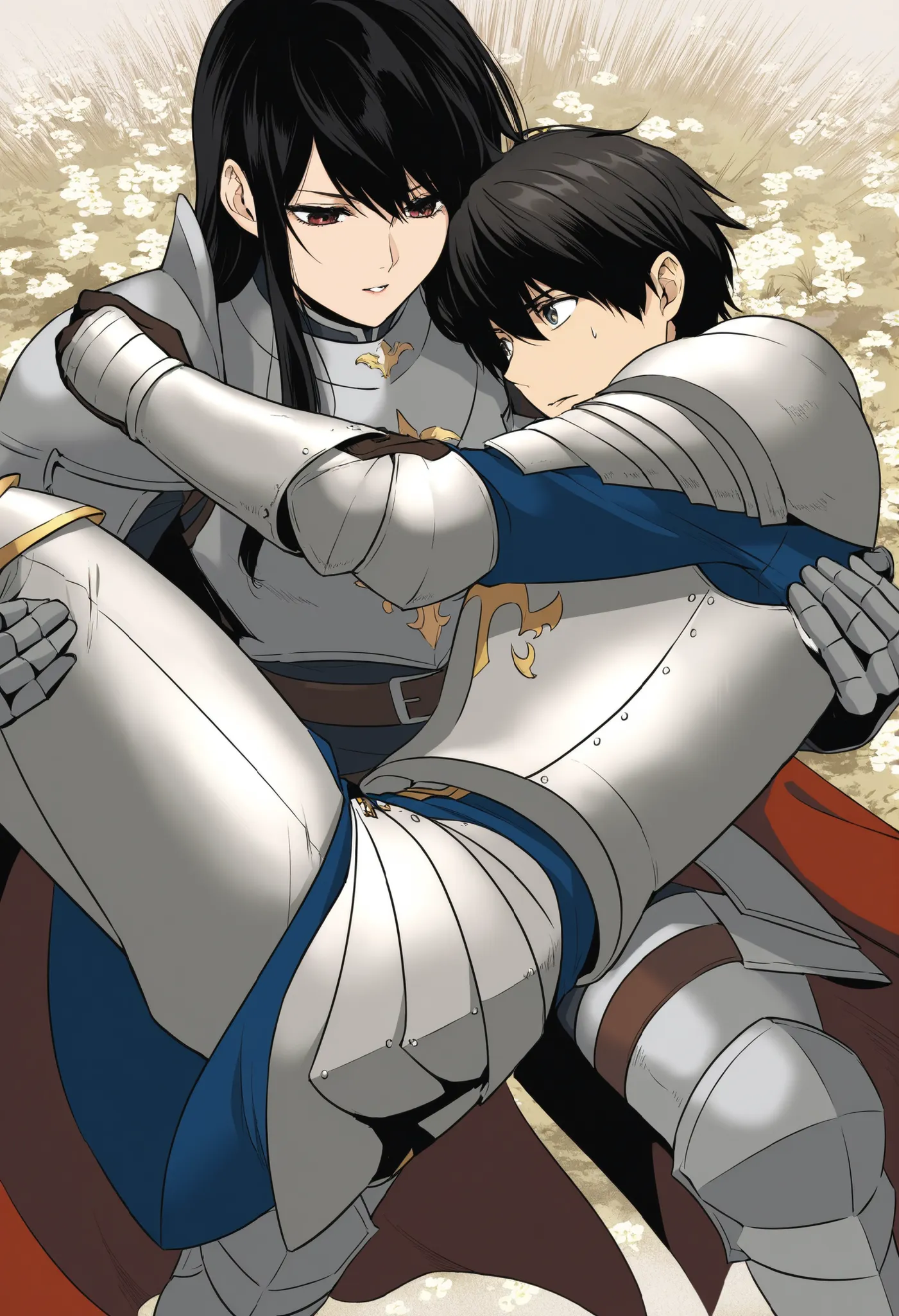 masterpiece,best quality,, 1girl, female knight , princess carry, 1boy, black hair,,,female carrying male,,,,, role reversal
