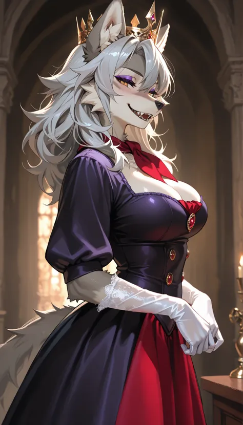 A female werewolf(furry), gray hair,(gray fur), yellow wolf eyes,Purple Eyeshadow, Wearing a Red Gorgeous Dress(Neckerchief Cover Chest),(Small Gold Queen's Crown),(white silk gloves),In the Castle on the prairie,(Her Hands Lift her dress hem),seductive sm...