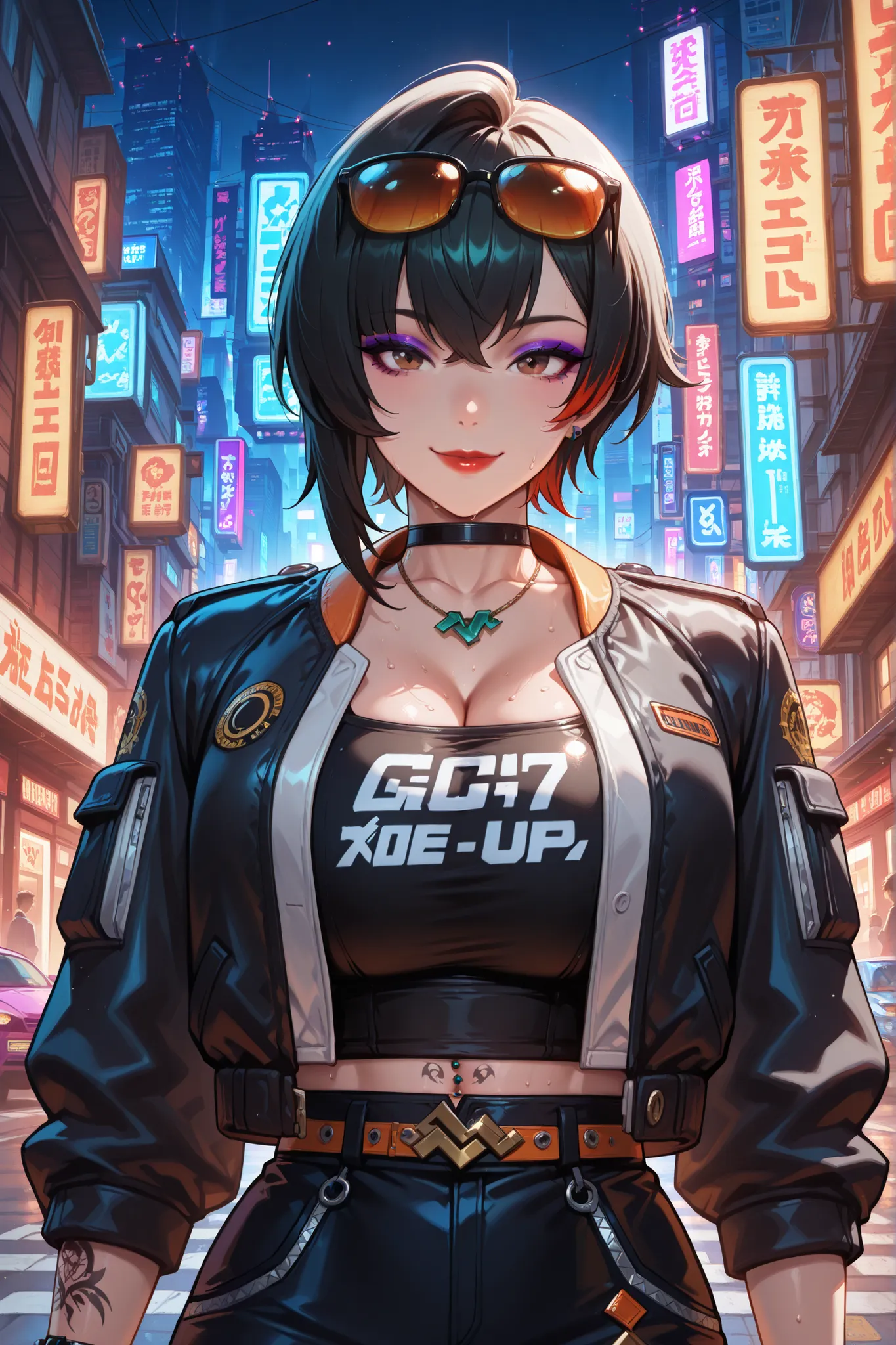 score_9, score_8_up, score_7_up, score_6_up, score_5_up, score_4_up, source_anime, masterpiece, best quality, absurdres, highres, high quality, highly detailed, 8K, 1girl, arabic, dark skin, transgender, milf, large natural breasts, sidecut, asymmetrical h...