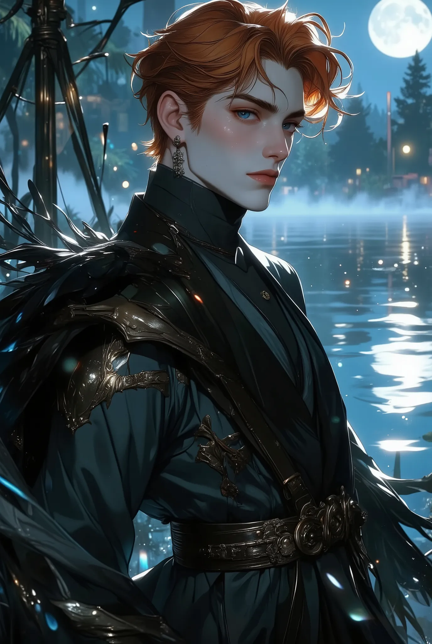 The Black Swan Prince, 20 years old, standing gracefully by a moonlit lake, surrounded by soft mist and glowing reflections, noble and elegant, mysterious and innocent, flawless pale skin, deep violet eyes that shimmer in the moonlight, tousled ginger red ...