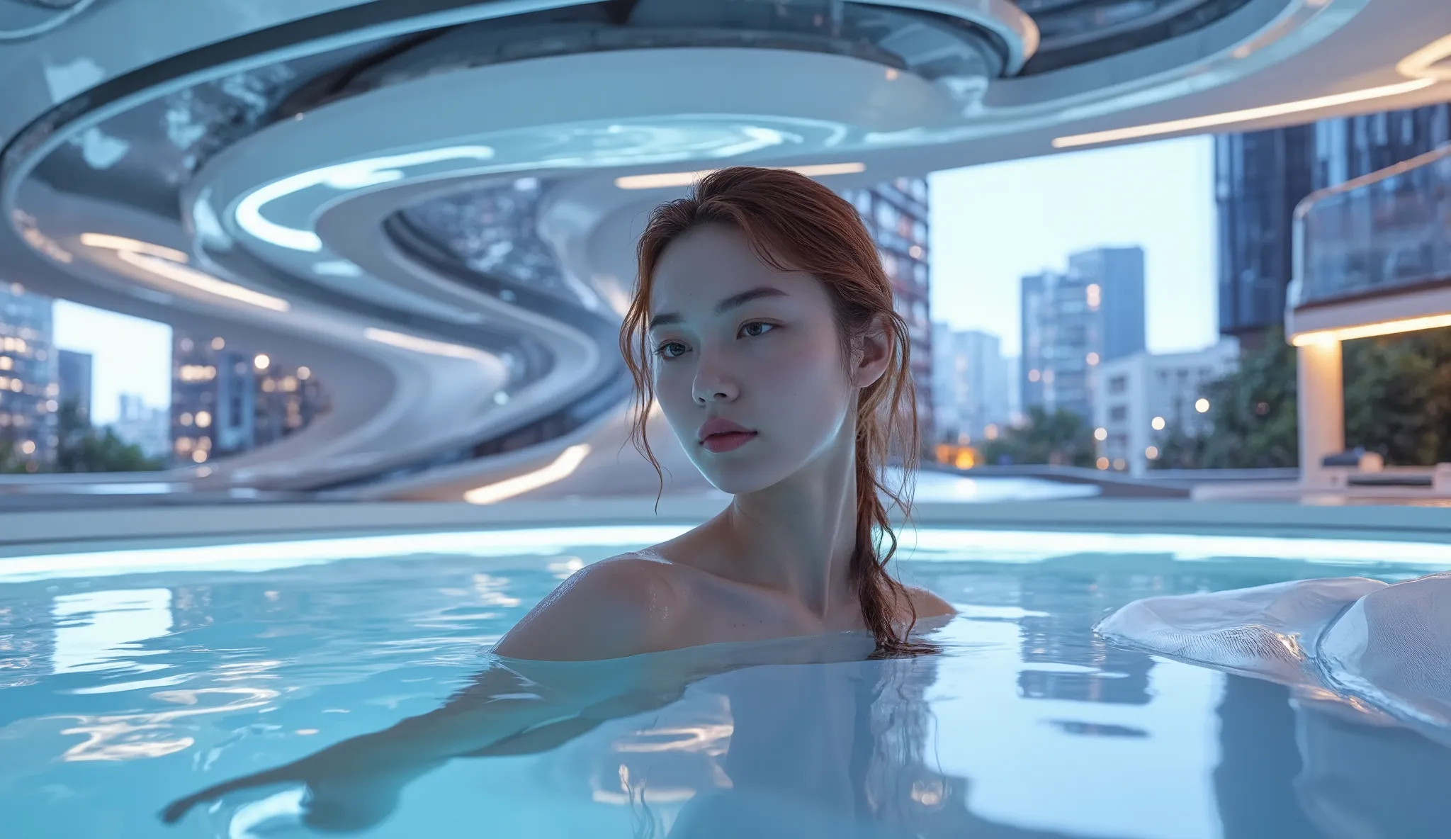 **Prompt (English):**
> Ultra-high resolution cinematic portrait of a serene young woman with natural makeup and soft red hair, partially wet, relaxing by a futuristic indoor pool. She leans gently against a smooth, white, high-tech surface with ambient r...