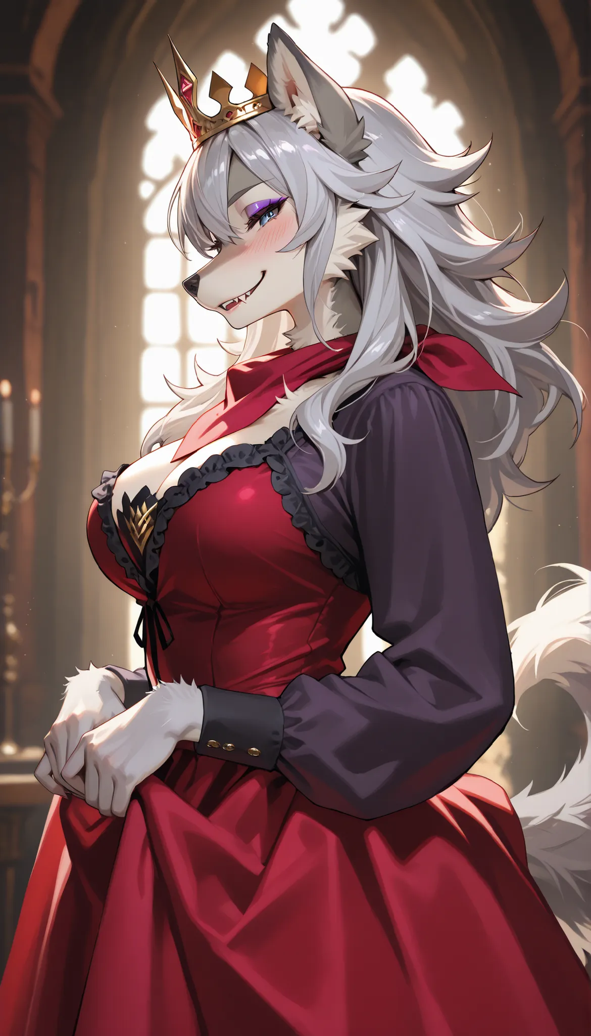 A female werewolf(furry), gray hair,(gray fur), yellow wolf eyes,Purple Eyeshadow, Wearing a Red long sleeves Dress(Neckerchief Cover Chest),(Small Gold Queen's Crown),In the Castle on the prairie,(Her Hands Lift her dress hem),seductive smile,blush, Torog...