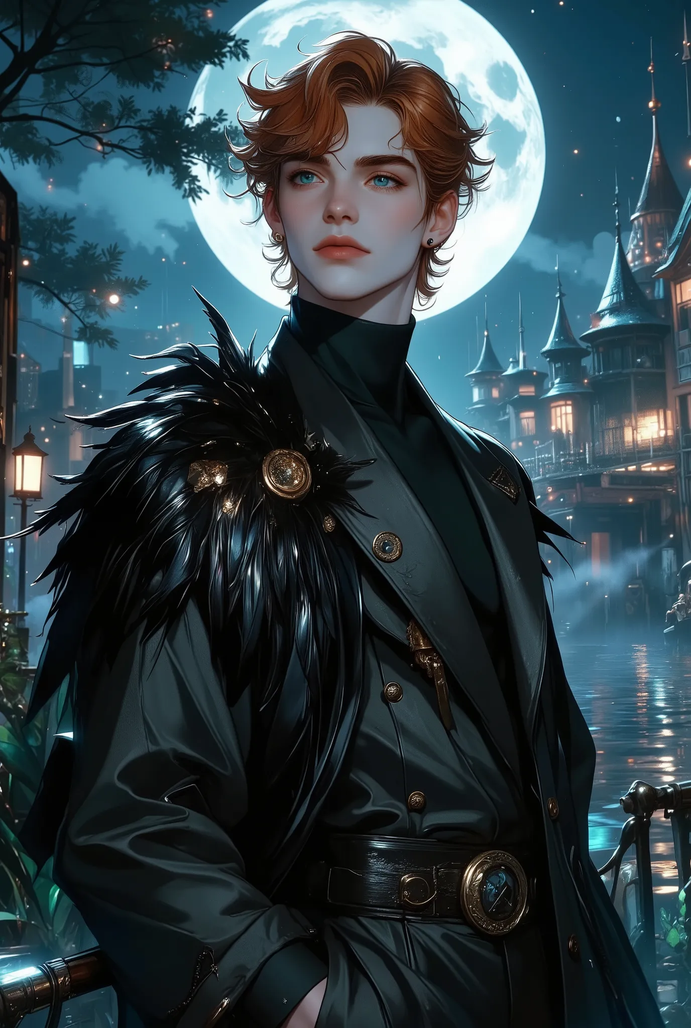 The Black Swan Prince, 20 years old, standing gracefully by a moonlit lake, surrounded by soft mist and glowing reflections, noble and elegant, mysterious and innocent, flawless pale skin, deep violet eyes that shimmer in the moonlight, tousled ginger red ...