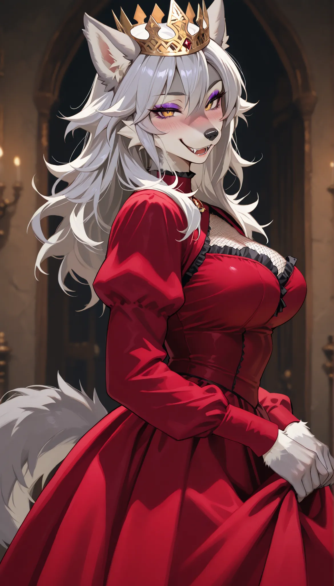 A female werewolf(furry), gray hair,(gray fur), yellow wolf eyes,Purple Eyeshadow, Wearing a Red long sleeves Dress(Fishnet Cover Chest),(Small Gold Queen's Crown),In the Castle on the prairie,(Her Hands Lift her dress hem),seductive smile,blush, Torogao,U...