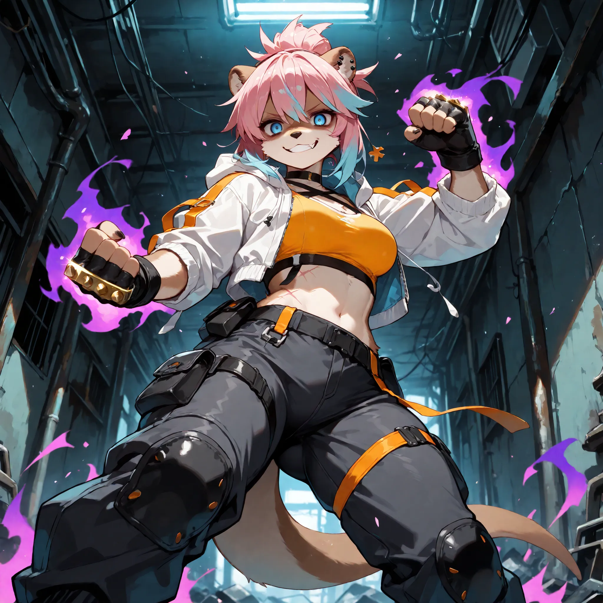 solo, Straight on, close up, standing, attacking, threatening, punching at viewer, dynamic pose, evil grin, angry, yandere eyes, 1girl, anthro otter furry, jitome, (yandere_shadow:1.25), blue eyes, snout, narrow jaw, fang, paws, (short pink hair, tied in b...