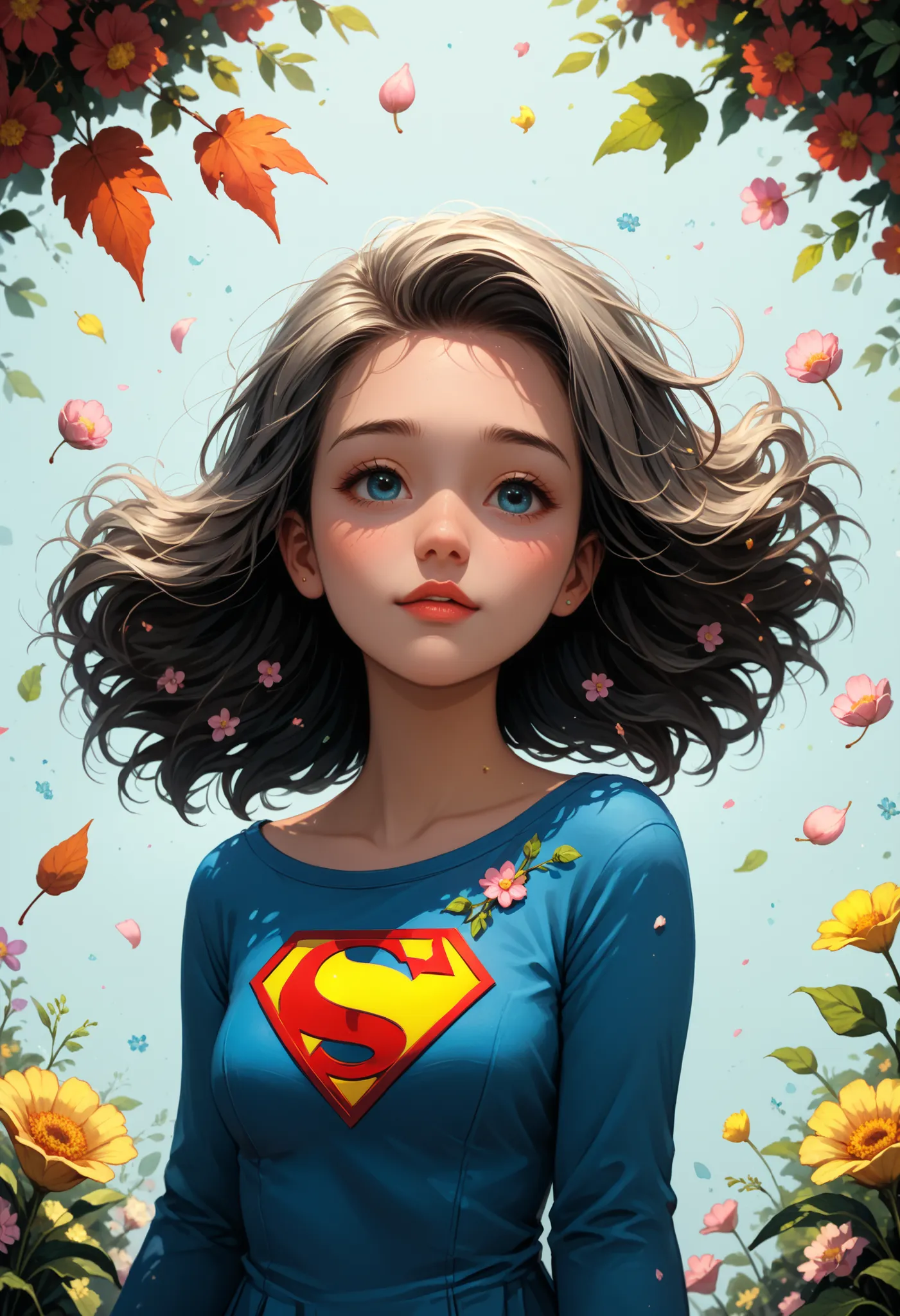 A charming, anime-style illustration of a young girl as supergirl character of dc comics, standing beside snoopy with a serene and content expression, Her hair is gentle wisps blowing slightly to convey motion. The background is minimalist, using subtle gr...