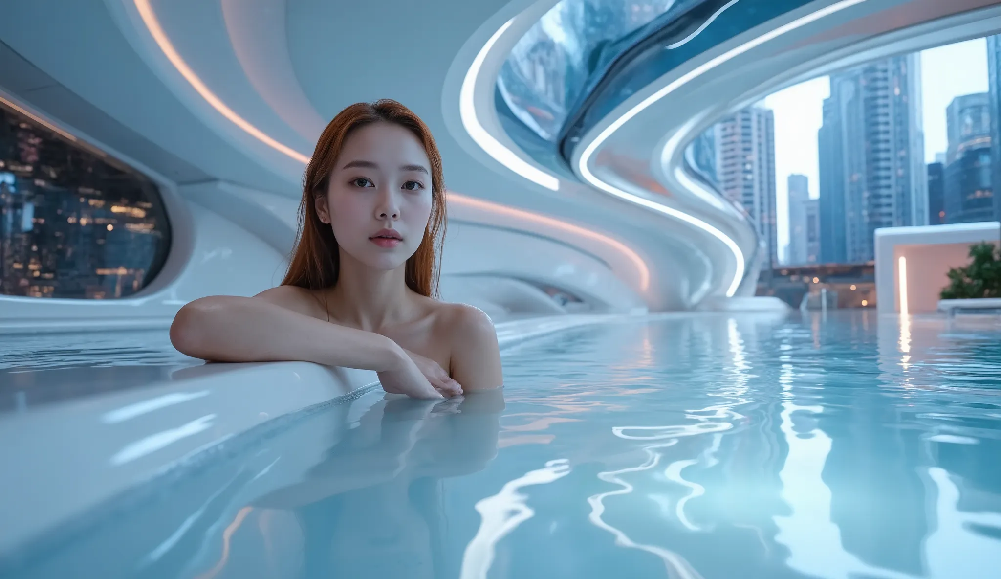 **Prompt (English):**
> Ultra-high resolution cinematic portrait of a serene young woman with natural makeup and soft red hair, partially wet, relaxing by a futuristic indoor pool. She leans gently against a smooth, white, high-tech surface with ambient r...
