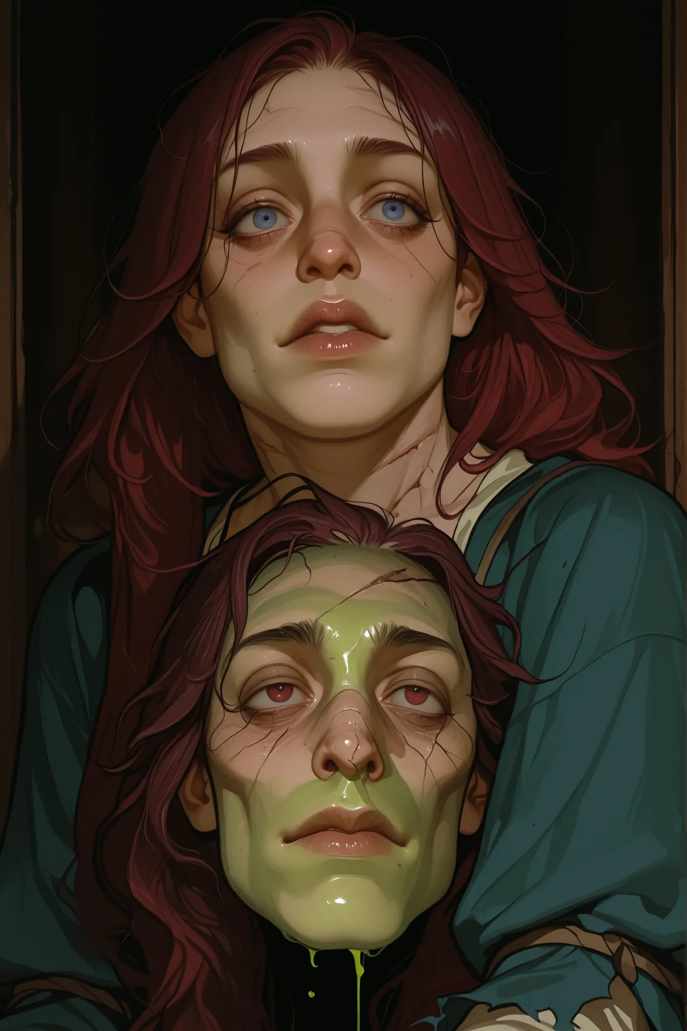 Floating in murky green fluid, the severed head of a chubby young man stares lifelessly with bloodshot, sunken dark blue eyes ringed by heavy bruising. His angular chubby round face is marred by jagged, disfiguring scars and a long, crooked nose that curve...