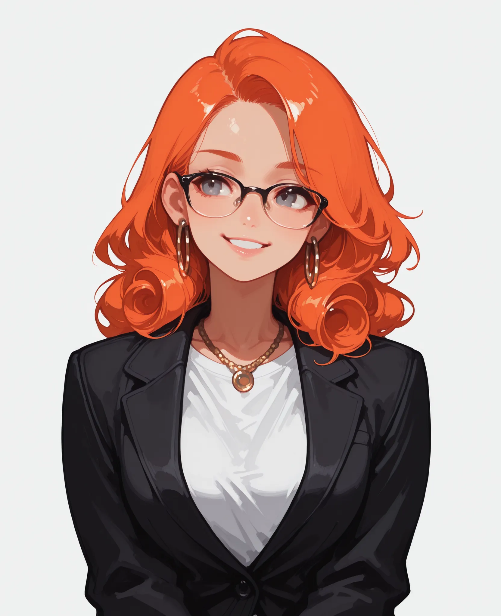 masterpiece, pajamas, woman alone, medium shot (upper body only), slightly stocky, short tightly curly orange hair, fair skin, wearing glasses, black elegant women's blazer, white t-shirt underneath, delicate necklace and hoop earrings, arms crossed, confi...