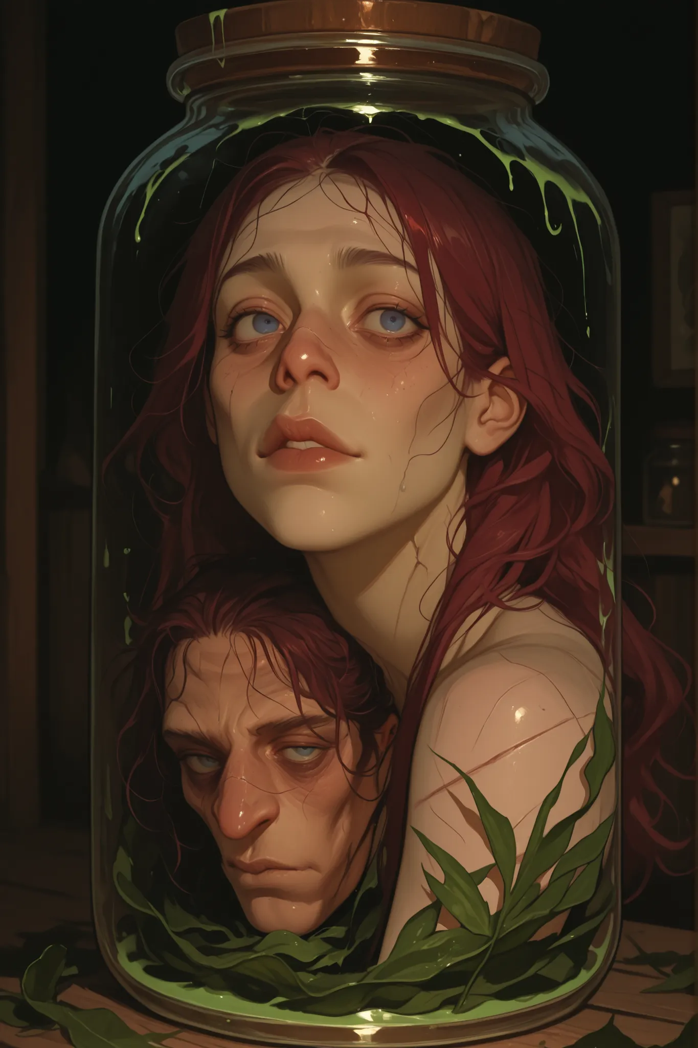 inside of a jar is a head Floating in murky green fluid, the severed head of a chubby young man stares lifelessly with bloodshot, sunken dark blue eyes ringed by heavy bruising. His angular face is marred by jagged, disfiguring scars and a long, crooked no...