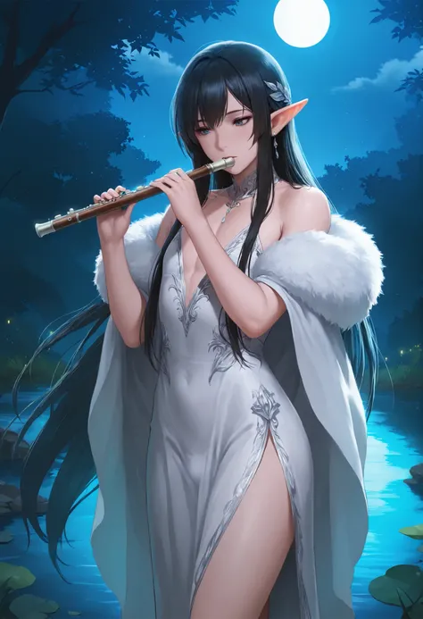 masterpiece, best quality, cinematic lighting, 1boy, elf, femboy, androgynous, pointed ears, long flowing black hair, wearing an elegant, flowing white elven gown with silver embroidery, playing a haunting melody on a wooden flute, serene expression, stand...