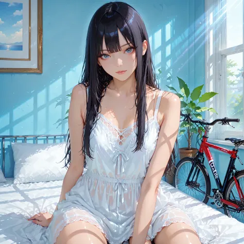 masterpiece, high quality, 4k, best quality, dynamic lighting, first-person view, Anime style scene from a first-person perspective. A tall young woman with dark long hair, wearing a thin white nightgown, sits beside the viewer on a bed. Morning sunlight s...