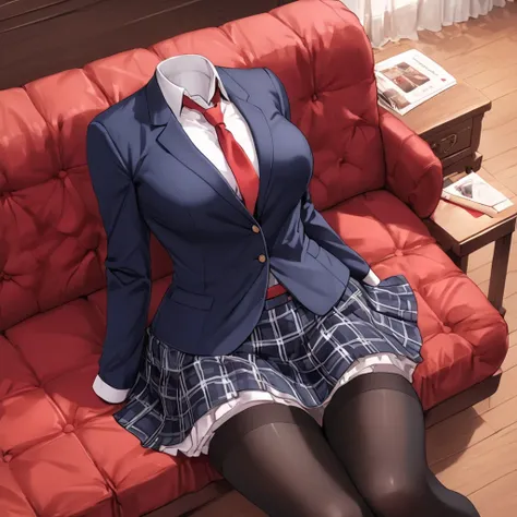 (invisible:1.5, no humans:1.5, headless:1.5, faceless:1.5), ( school casual blazer, plaid skirt, black stocking, on sofa, spread legs:1.2), long sleeve, (big breast), (best quality, masterpiece:1.2), (((detailed cloth texture, detailed anime, super fine il...