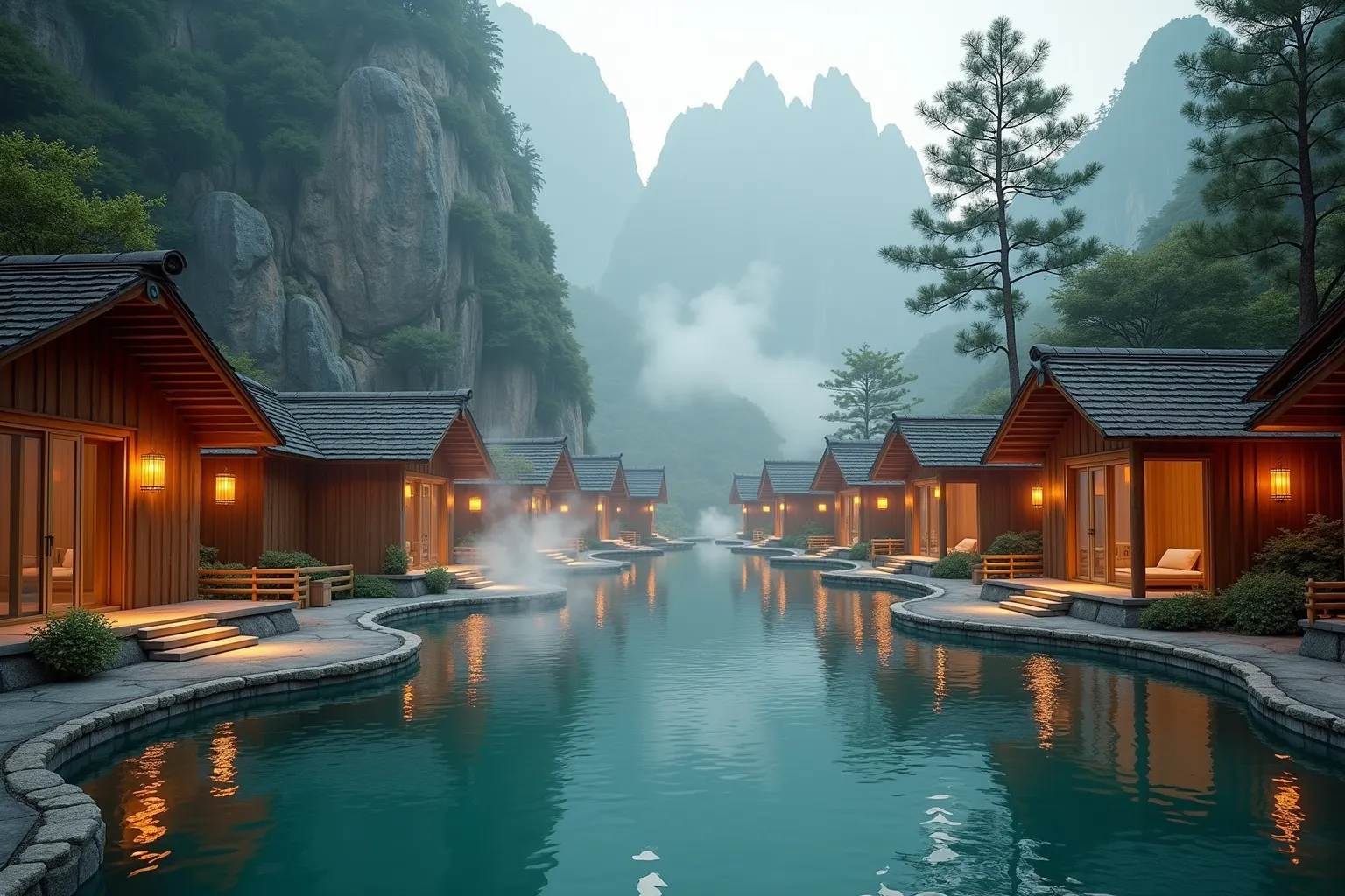 A tranquil rustic mountain hot spring village scene featuring a series of interlinked wooden bathhouses and open-air soaking pools carved into natural rock, their dark cedar planks and weathered teak beams supporting paper lantern-lit corridors lined with polished stone pathways and bamboo fences, plumes of steam wafting gently above the turquoise mineral-rich waters, nestled at the base of towering mist-shrouded limestone peaks and surrounded by lush moss-covered boulders and slender pine trees, rendered as an ultra-high-resolution digital matte painting in a photorealistic cinematic fantasy style blending fine painterly textures and crisp architectural details, composed in a panoramic 16:9 wide-angle shot positioned at water level to capture the reflective pool surface in the lower third and the glowing wooden structures rising toward jagged mountain silhouettes in the upper frame, illuminated by warm flickering golden lantern glow casting soft ambient light on wooden surfaces and diffused cool daylight filtering through drifting mist and sunbeams piercing the canopy, utilizing a harmonious color palette of amber wood tones, jade aqua waters, moss green accents, ivory mist whites, and slate gray stone highlights, evoking a serene, cozy, meditative, and mystical atmosphere ideal for tranquil retreat and natural rejuvenation.
