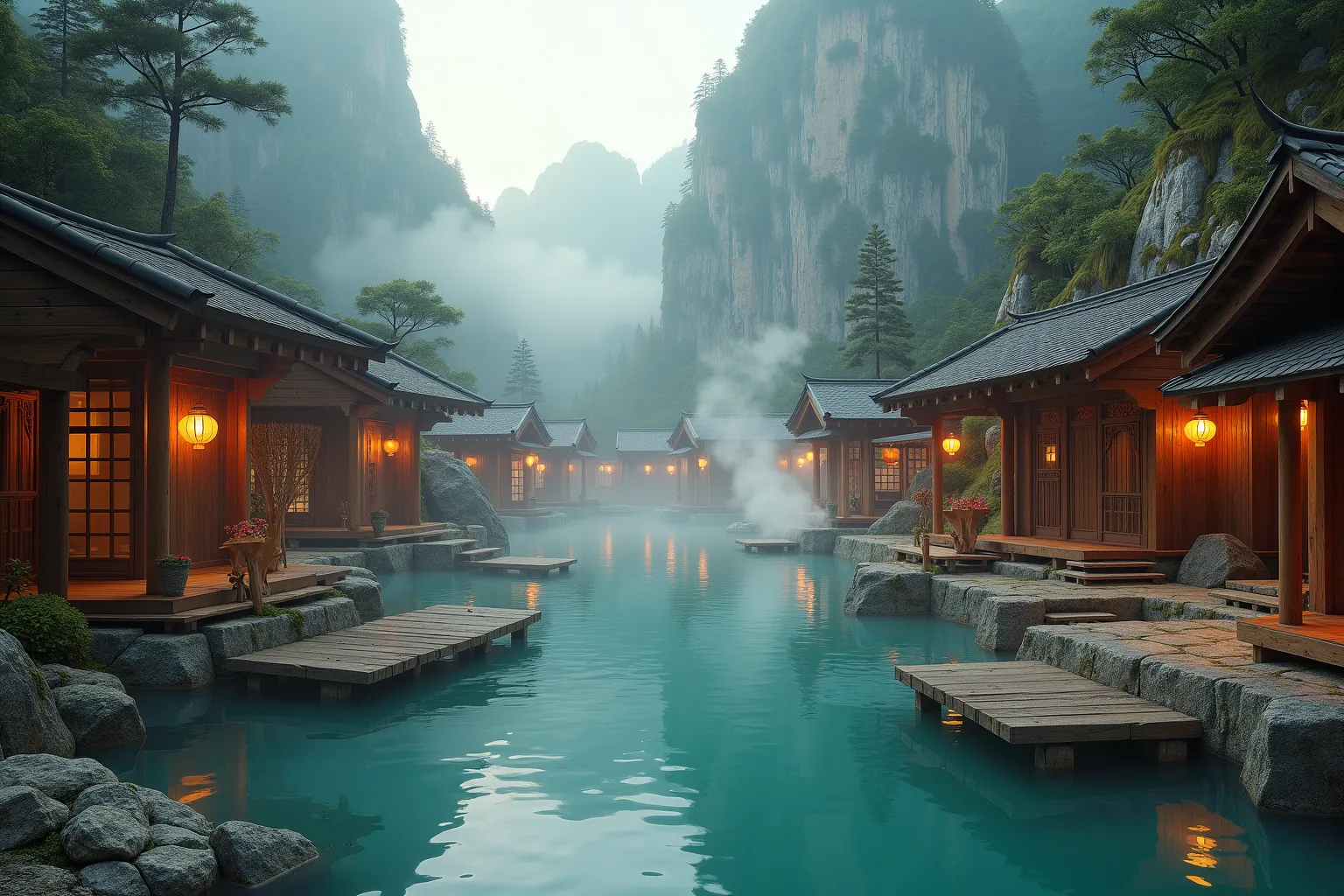 A tranquil rustic mountain hot spring village scene featuring a series of interlinked wooden bathhouses and open-air soaking pools carved into natural rock, their dark cedar planks and weathered teak beams supporting paper lantern-lit corridors lined with polished stone pathways and bamboo fences, plumes of steam wafting gently above the turquoise mineral-rich waters, nestled at the base of towering mist-shrouded limestone peaks and surrounded by lush moss-covered boulders and slender pine trees, rendered as an ultra-high-resolution digital matte painting in a photorealistic cinematic fantasy style blending fine painterly textures and crisp architectural details, composed in a panoramic 16:9 wide-angle shot positioned at water level to capture the reflective pool surface in the lower third and the glowing wooden structures rising toward jagged mountain silhouettes in the upper frame, illuminated by warm flickering golden lantern glow casting soft ambient light on wooden surfaces and diffused cool daylight filtering through drifting mist and sunbeams piercing the canopy, utilizing a harmonious color palette of amber wood tones, jade aqua waters, moss green accents, ivory mist whites, and slate gray stone highlights, evoking a serene, cozy, meditative, and mystical atmosphere ideal for tranquil retreat and natural rejuvenation.
