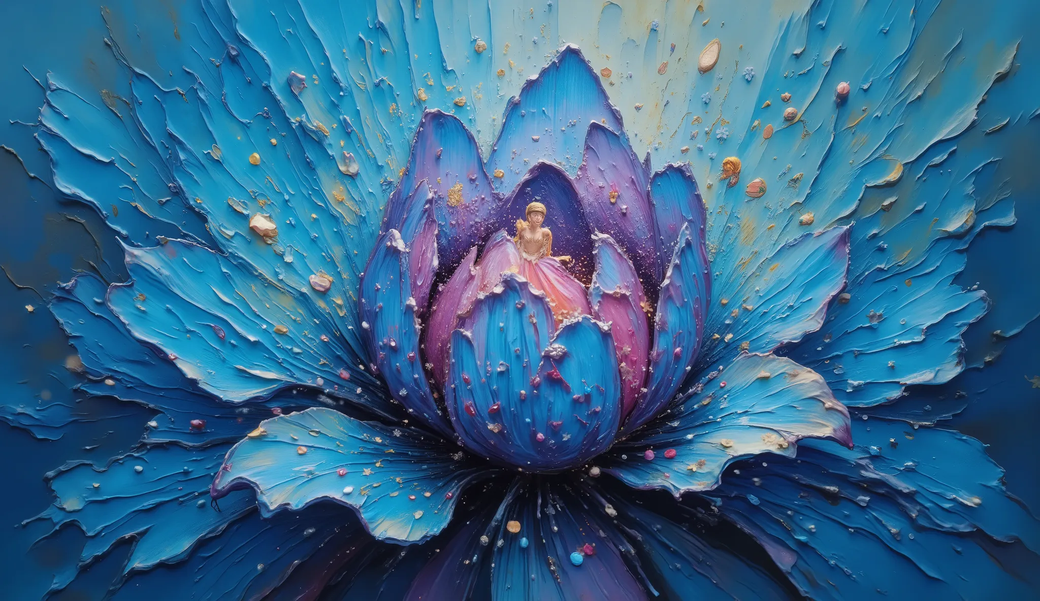 Elegant splash art. Extreme close-up. Tiny fairies dance gracefully across the petals of a blue rose. Dynamic lighting. The dancers are clad in flowing gowns. Art nouveau. Intricate patterns adorn the flower. Vivid colors. Best quality, a masterpiece, incr...
