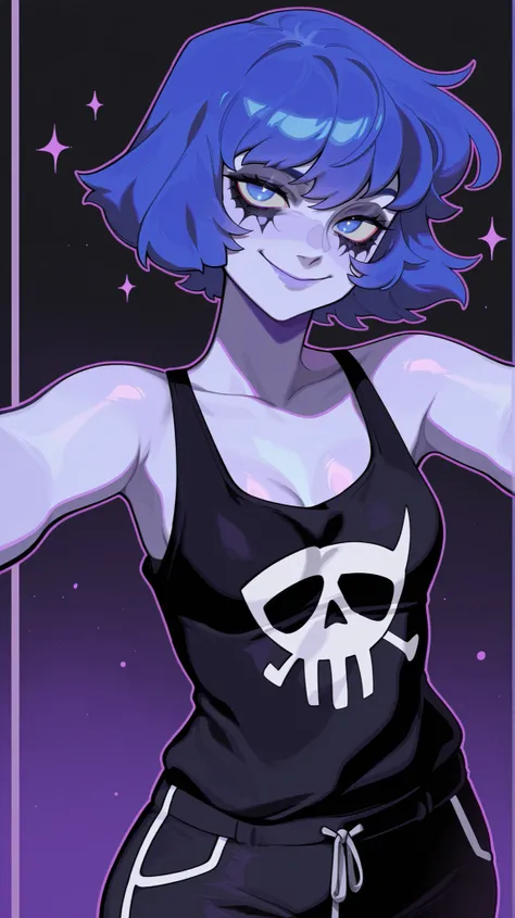 masterpiece, best quality, amazing quality, newest, very aesthetic, 1girl, lapis lazuli \(steven universe\),smile,looking at the viewer,tanktop,short,cute pose,black nails,emo