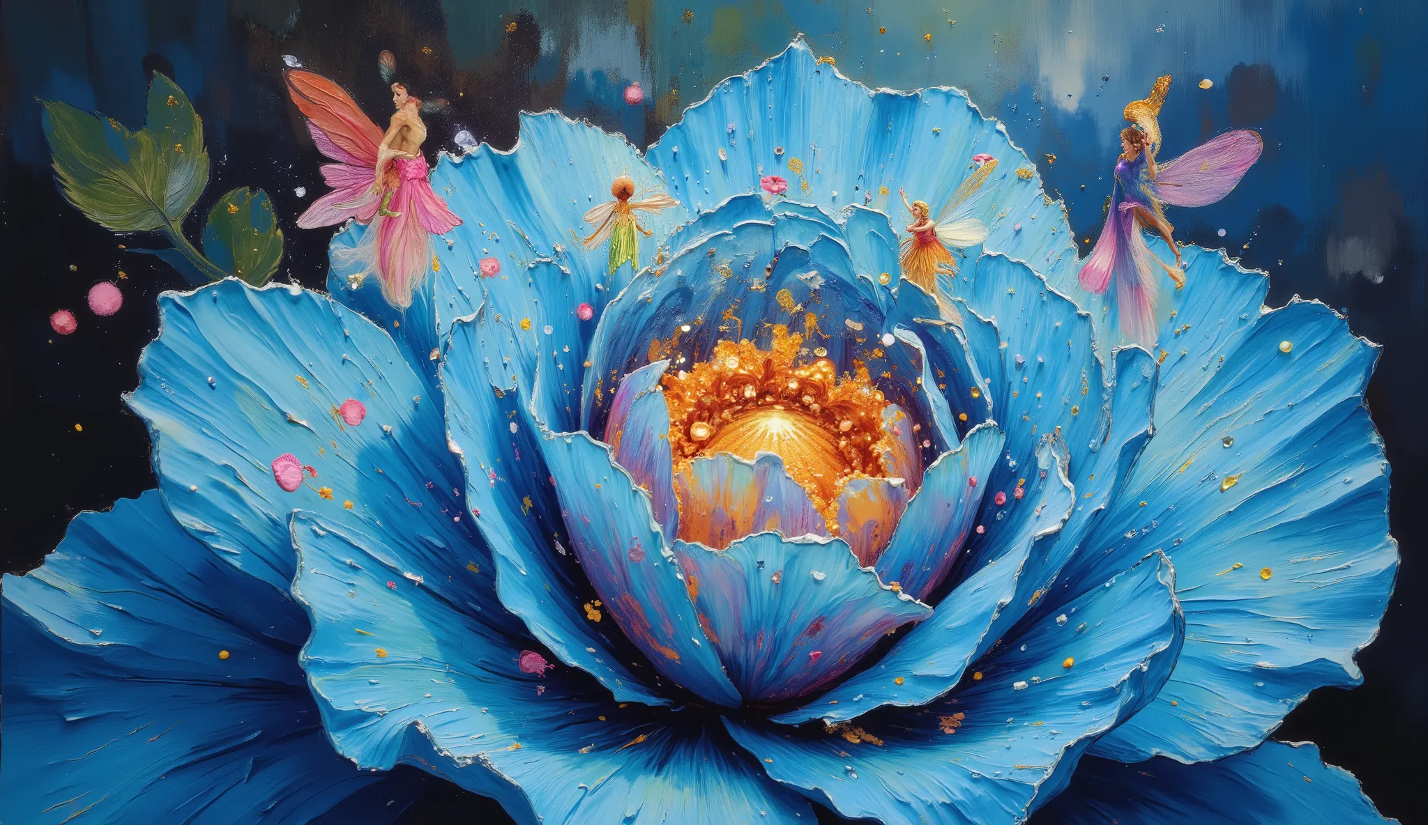Elegant splash art. Extreme close-up. Tiny fairies dance gracefully across the petals of a blue rose. Dynamic lighting. The dancers are clad in flowing gowns. Art nouveau. Intricate patterns adorn the flower. Vivid colors. Best quality, a masterpiece, incr...