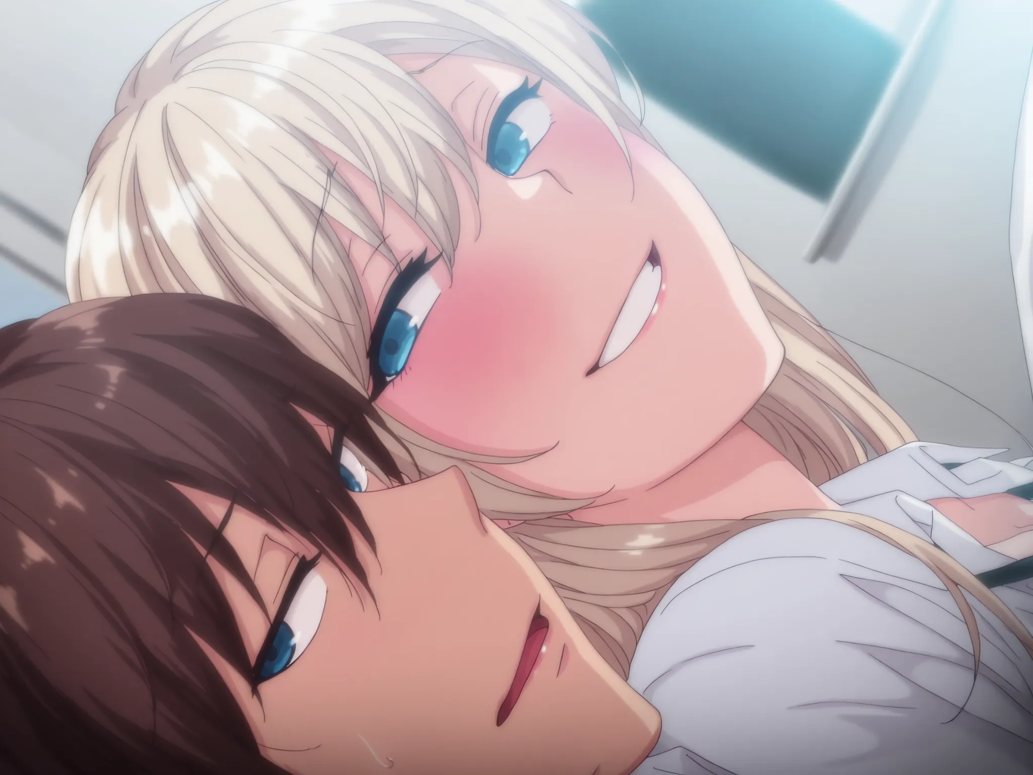 masterpiece, best quality, amazing quality, 2 girls and 1 boy, kurashiki reigns, long hair, blue eyes, blonde hair, smile, half-closed eyes, parted lips, looking at viewer, mischievous face, chisa, alone, chisa_IlXL, brown hair, sideways, looking at boy, t...