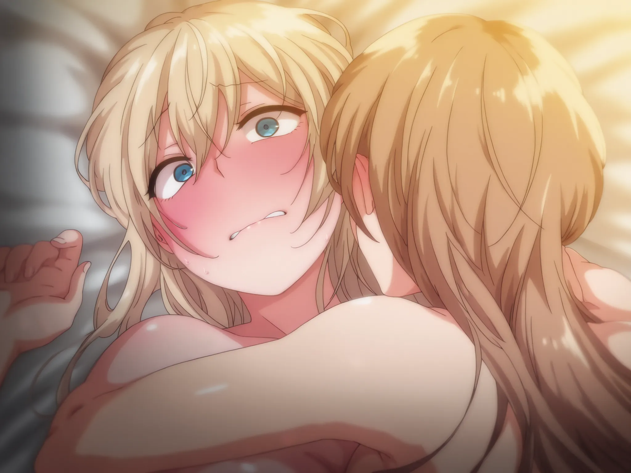 masterpiece, best quality, amazing quality, 2 girls , kurashiki reigns, long hair, blue eyes, blonde hair, chisa, alone, chisa_IlXL, brown hair, lying up, naked, covered by the duvet, shocked, shy, blushing,