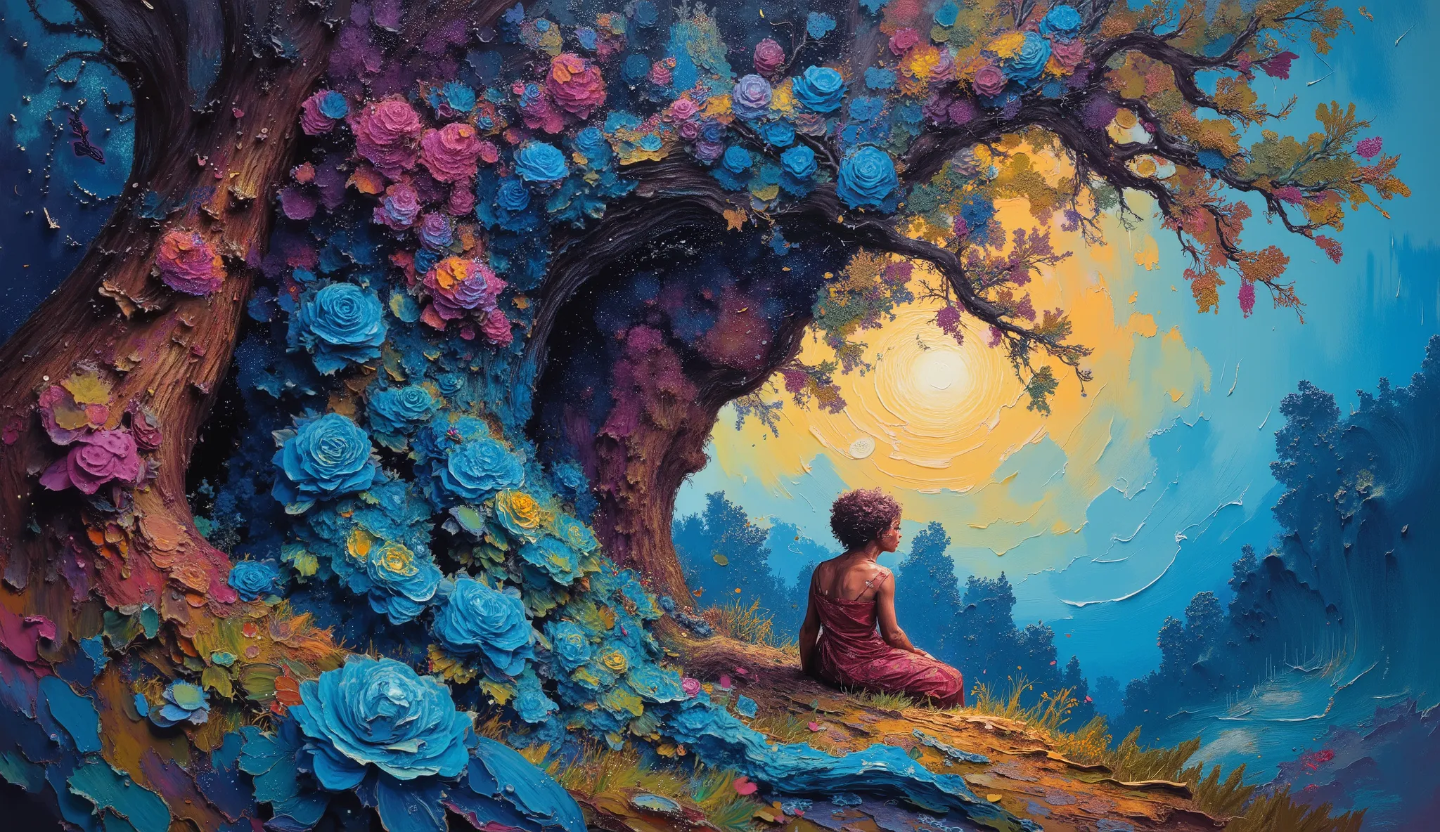 Dreamlike digital artwork of a young woman sitting under an imposing tree in the Garden of Eden. Her cascading hair transforms into a vibrant waterfall of neon blackberries and blue roses detailed with a zentangle pattern, twisting into a tornado of love a...
