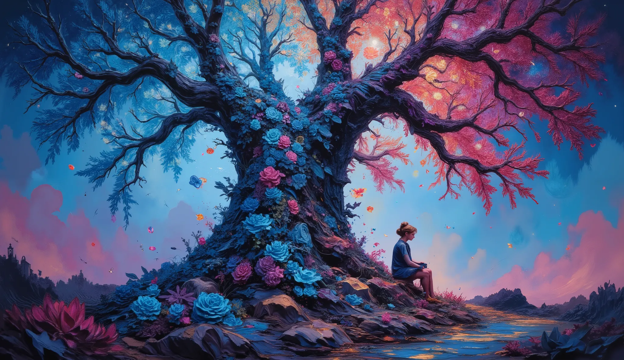 Dreamlike digital artwork of a young woman sitting under an imposing tree in the Garden of Eden. Her cascading hair transforms into a vibrant waterfall of neon blackberries and blue roses detailed with a zentangle pattern, twisting into a tornado of love a...