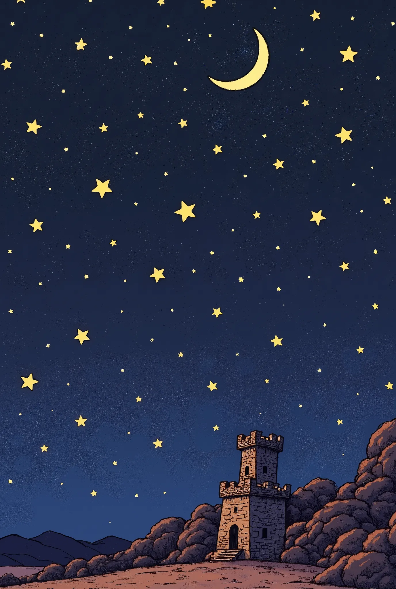 dark background (negro/deep blue) with many stars shining softly. On the horizon, A castle in ruins, illuminated only by starlight. drawing.