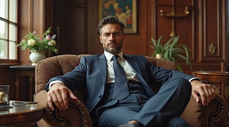 A rich, handsome, masculine, stylish man, wearing a suit, sitting comfortably on a sofa in his luxurious office.