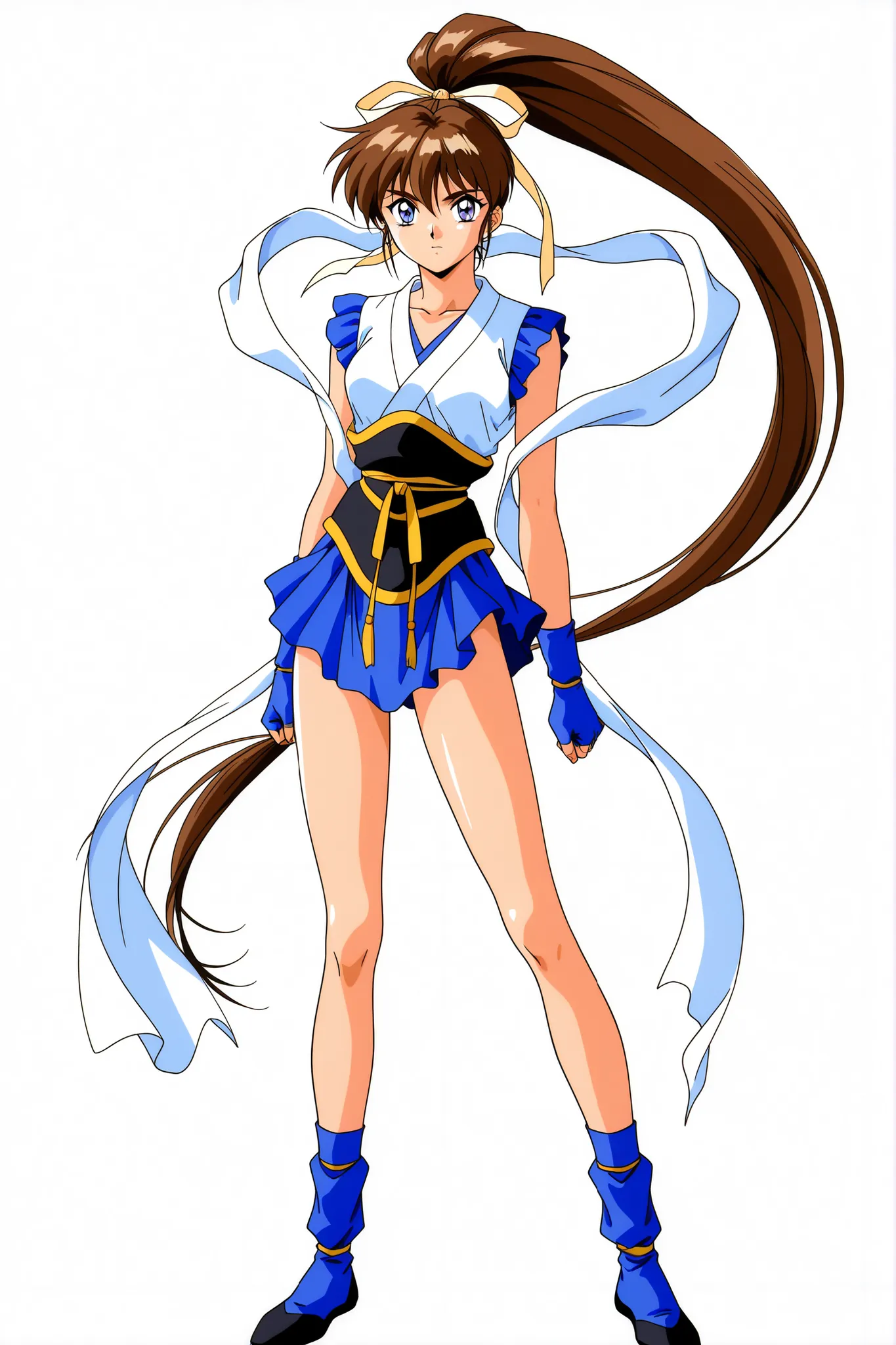 Amatsu_Ai, 1girl, solo, brown hair, ponytail, very long hair, ribbon, hair ribbon, hair bow, breasts, blue eyes, bangs, purple eyes, high ponytail, 1990s \(style\), anime coloring, slim, skinny, slender face, slender face, 
hagoromo, blue gloves, fingerles...