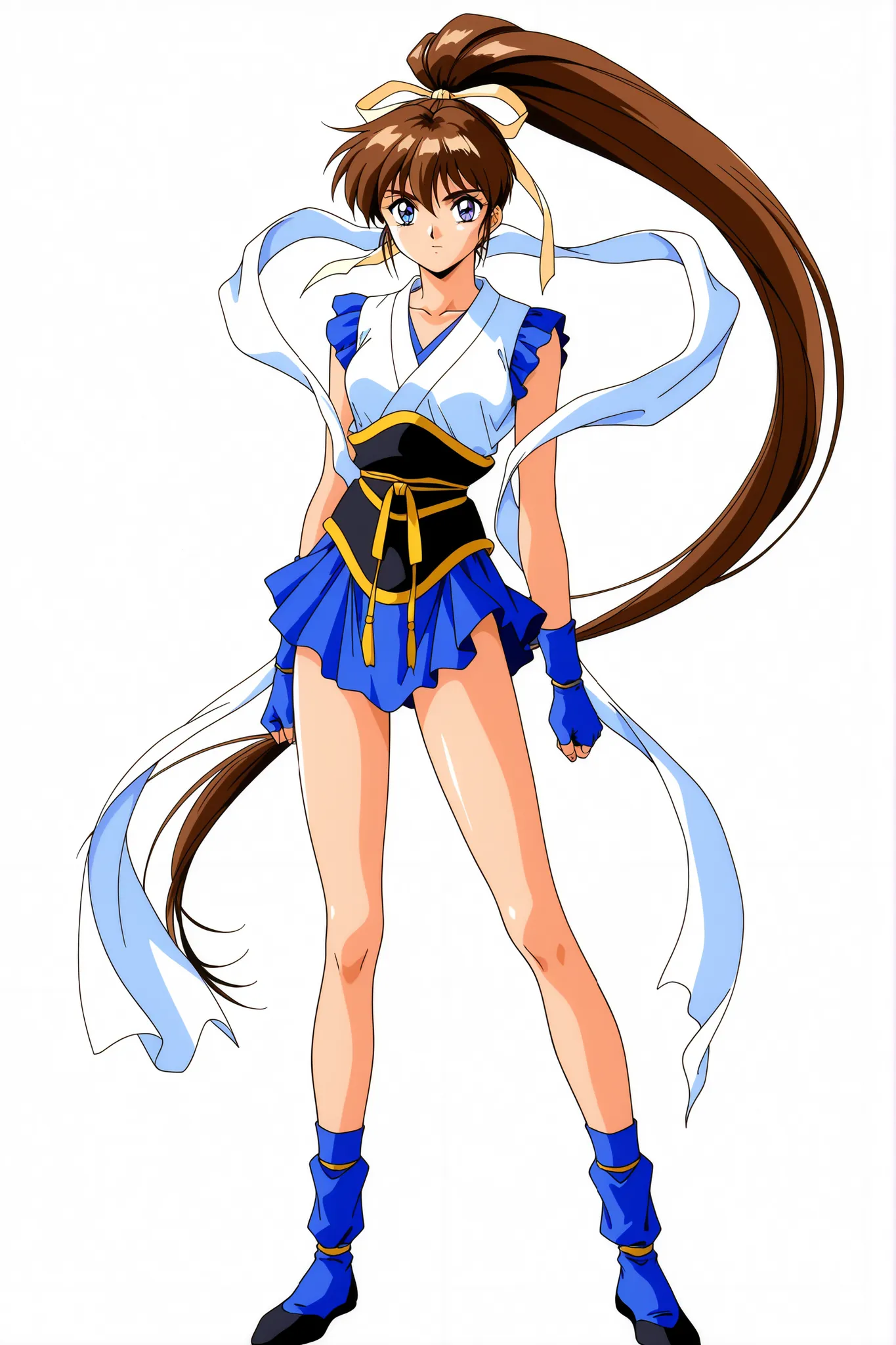 Amatsu_Ai, 1girl, solo, brown hair, ponytail, very long hair, ribbon, hair ribbon, hair bow, breasts, blue eyes, bangs, purple eyes, high ponytail, 1990s \(style\), anime coloring, slim, skinny, slender face, slender face, 
hagoromo, blue gloves, fingerles...