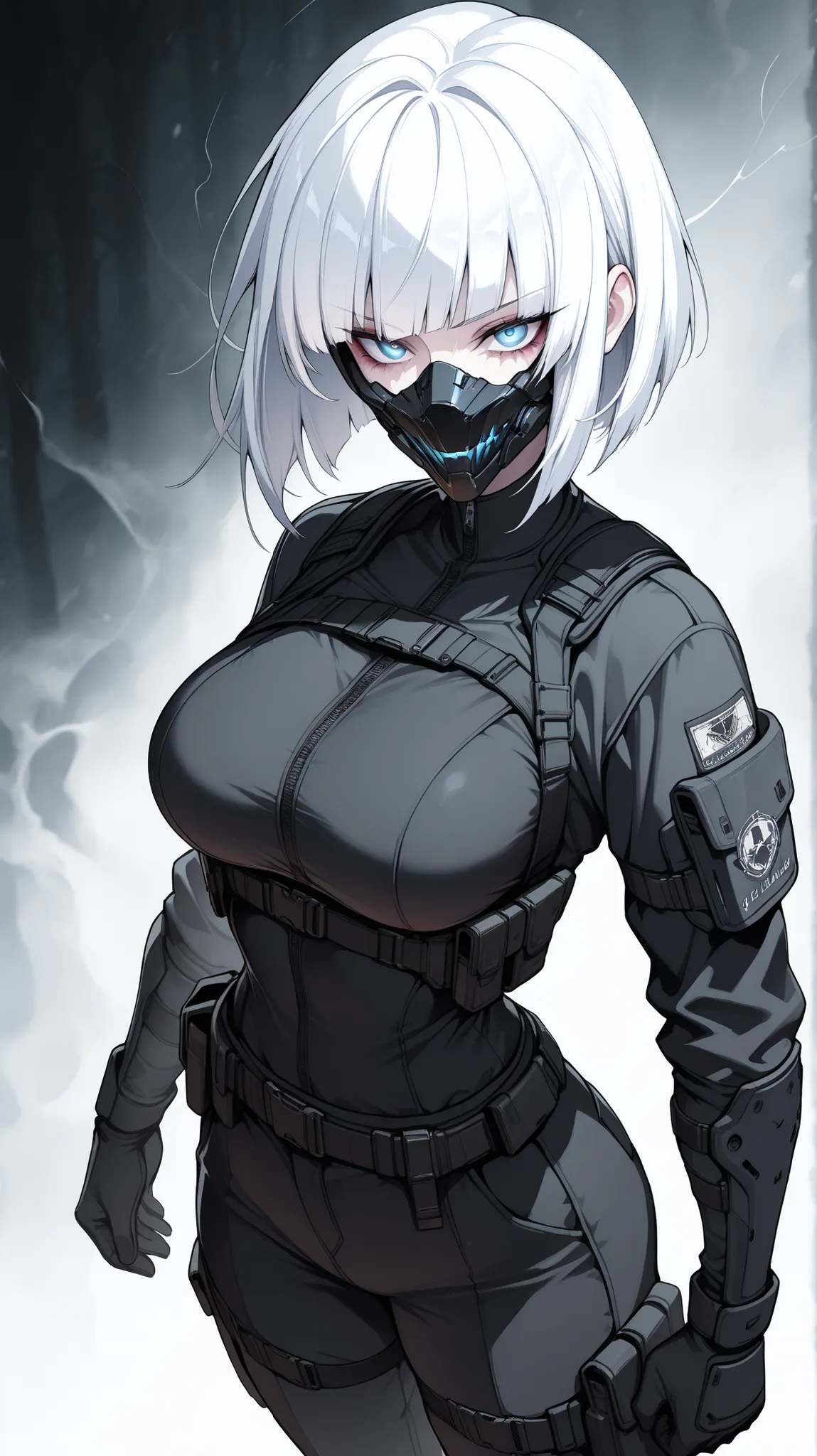 absurdres, (((Ultra HD))), (((Ultra High Quality))), ((hyper detailed)), ((Ultra High Resolution)), (Highly rendered), ((detailed eyes)), (((8K))), ((perfect face)), ((masterpiece)), cinematic, solo, 1girl, tall, thin, blue eyes, white hair, bob cut hair, ...