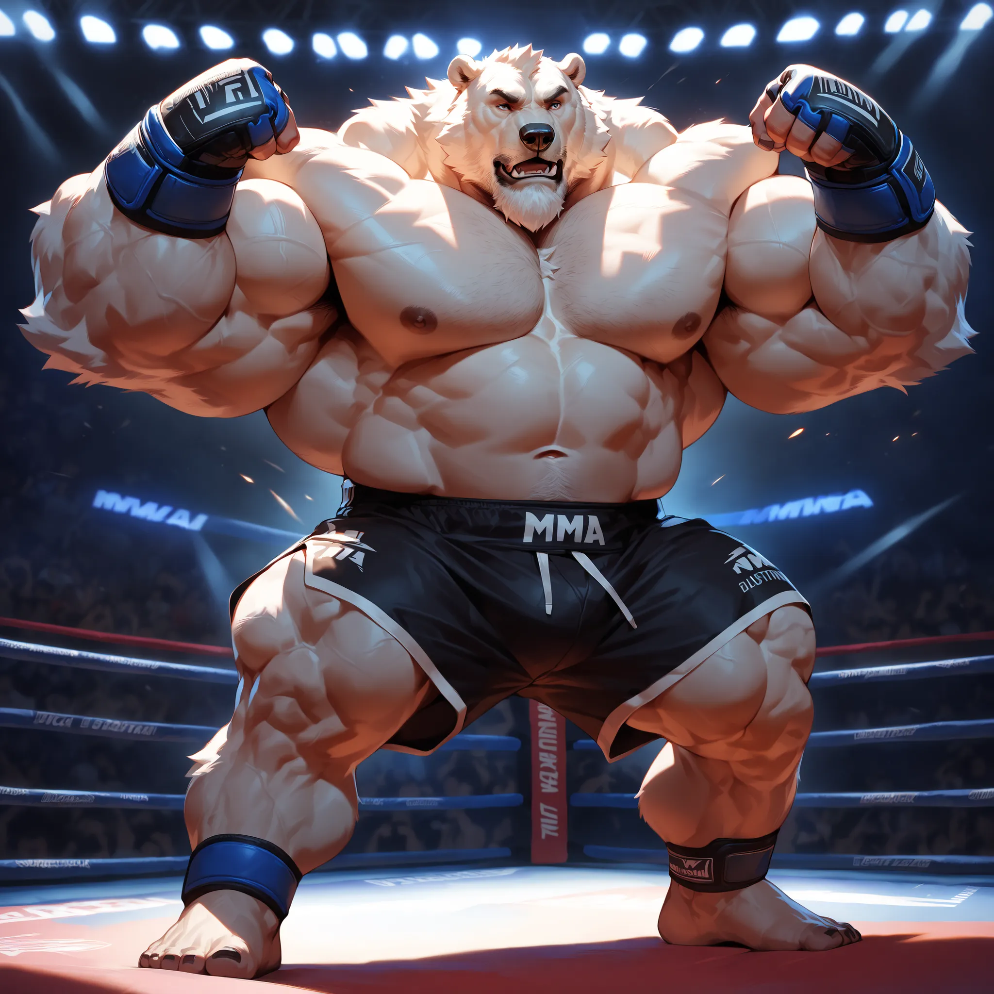 bara polar bear, strong physique, perfect anatomy, masterpiece, gray moustache and beard, wrinkles huge white fur, solo, great lighting, black mouth guard, black MMA shorts with blue slits, MMA fingerless gloves with blue kuckle pads, ankle support brace, ...