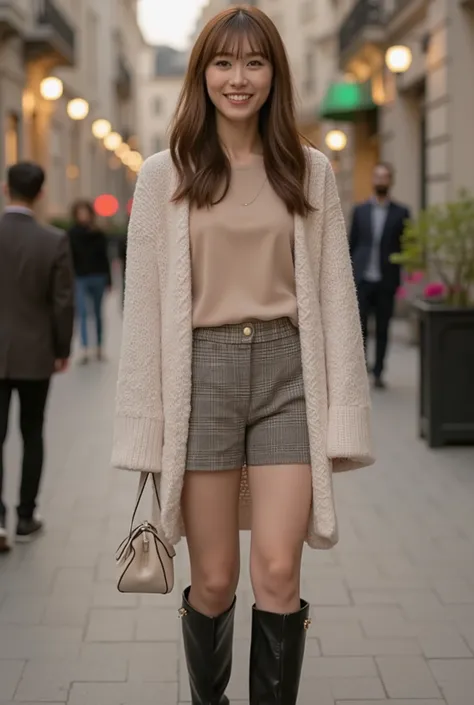 (8k, raw photo from the last century, highest quality, masterpiece:1.2), (realistic, photorealistic), 1 person, ((Round face, big eyes, big breasts, smiling, high-end area of the city, evening. Brown hair. Wavy hair. Smooth texture, softly shining with r...