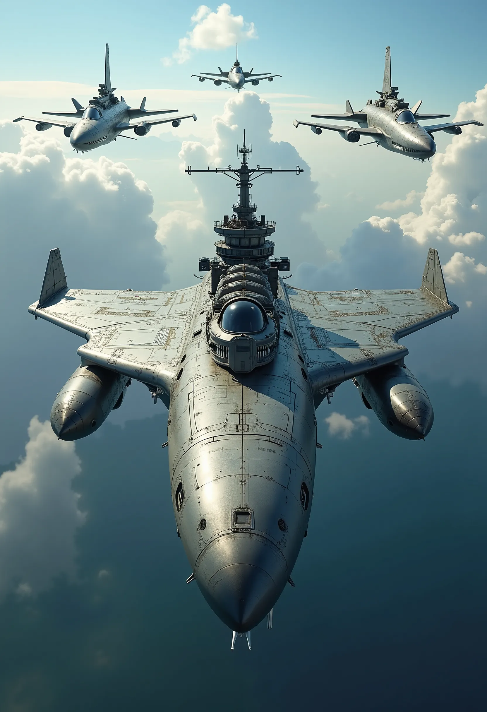 A flying steampunk aircraft carrier shaped like a shark, flying jet planes shaped like smaller sharks flying in formation with it, sky, clouds, god rays, best quality, very detailed, UHD, HDR, panoramic shot, head on shot