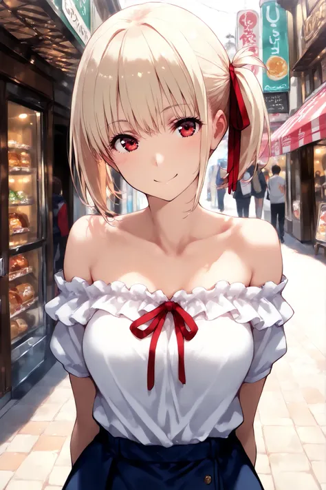 (((masterpiece))), (((best quality))), (((super detailed))), stylish shopping district, modern japanese, (full body:0.7), 1girl, chisato nishikigi, lively smile, medium breasts, short hair, bangs, blonde hair, red eyes, hair ribbon, one side up, bob cut, s...