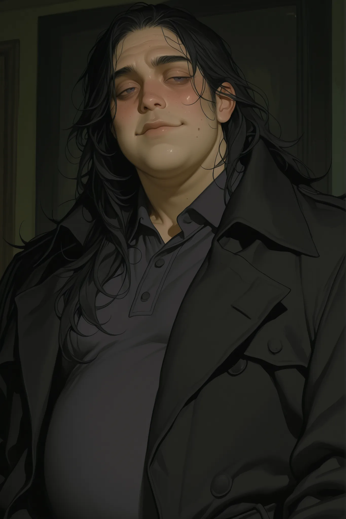 chubby grunge goth themed nerdy boy in his 20s, chubby, plus size. round cherubic face, black trench coat with dark grey polo shirt, nerdy square glassesc acne on face, long greasy black hair, mean looking, long hair passed shoulders,