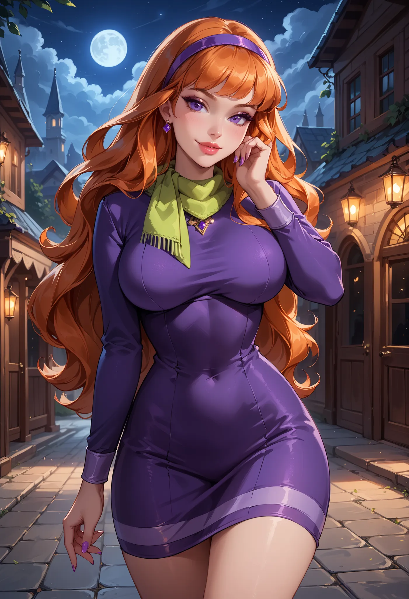 score_9, score_8_up, score_7_up, cinematic film still, solo, 1girl, very sexy (EPsbdDaphne, orange hair, long hair, purple eyes, purple hairband, green scarf, short purple dress, long sleeves:1.3), beautiful waifu, thicc, nm_fitbutt, ass, sexy big ass, bu...