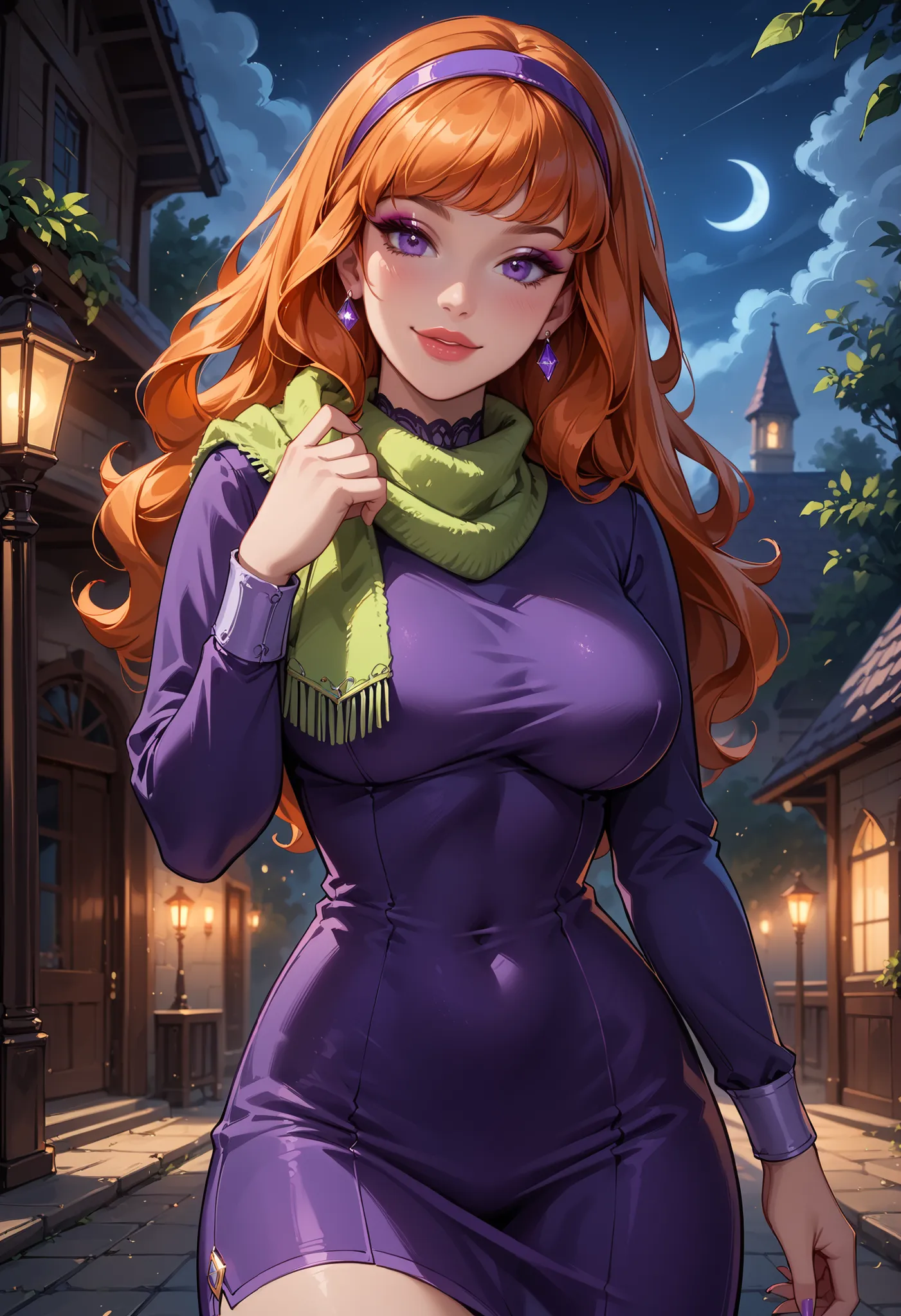 score_9, score_8_up, score_7_up, cinematic film still, solo, 1girl, very sexy (EPsbdDaphne, orange hair, long hair, purple eyes, purple hairband, green scarf, short purple dress, long sleeves:1.3), beautiful waifu, thicc, nm_fitbutt, ass, sexy big ass, bu...