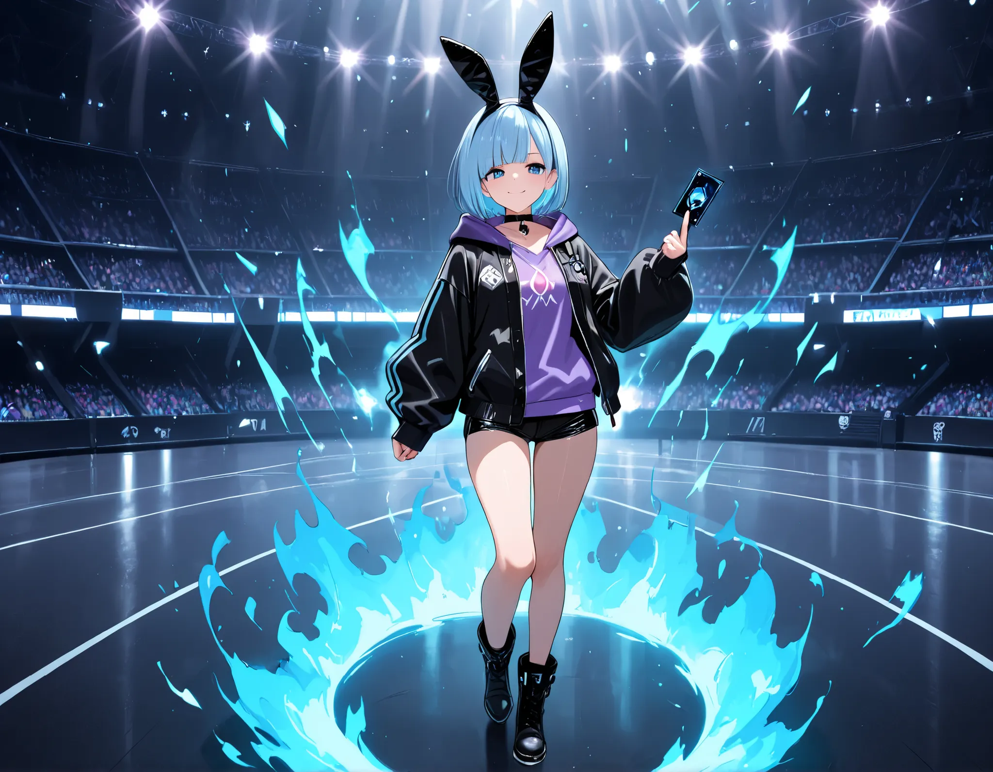score_9, score_8_ up, score_7_ up, Takeda, {1girl}: (18 years old, bob cut hairstyle, bangs, blunt bangs, short light blue hair, dark blue eyes),(black hairband, carrot pendant on a black leather choker, black jacket, open jacket, hood, hood down, hooded j...