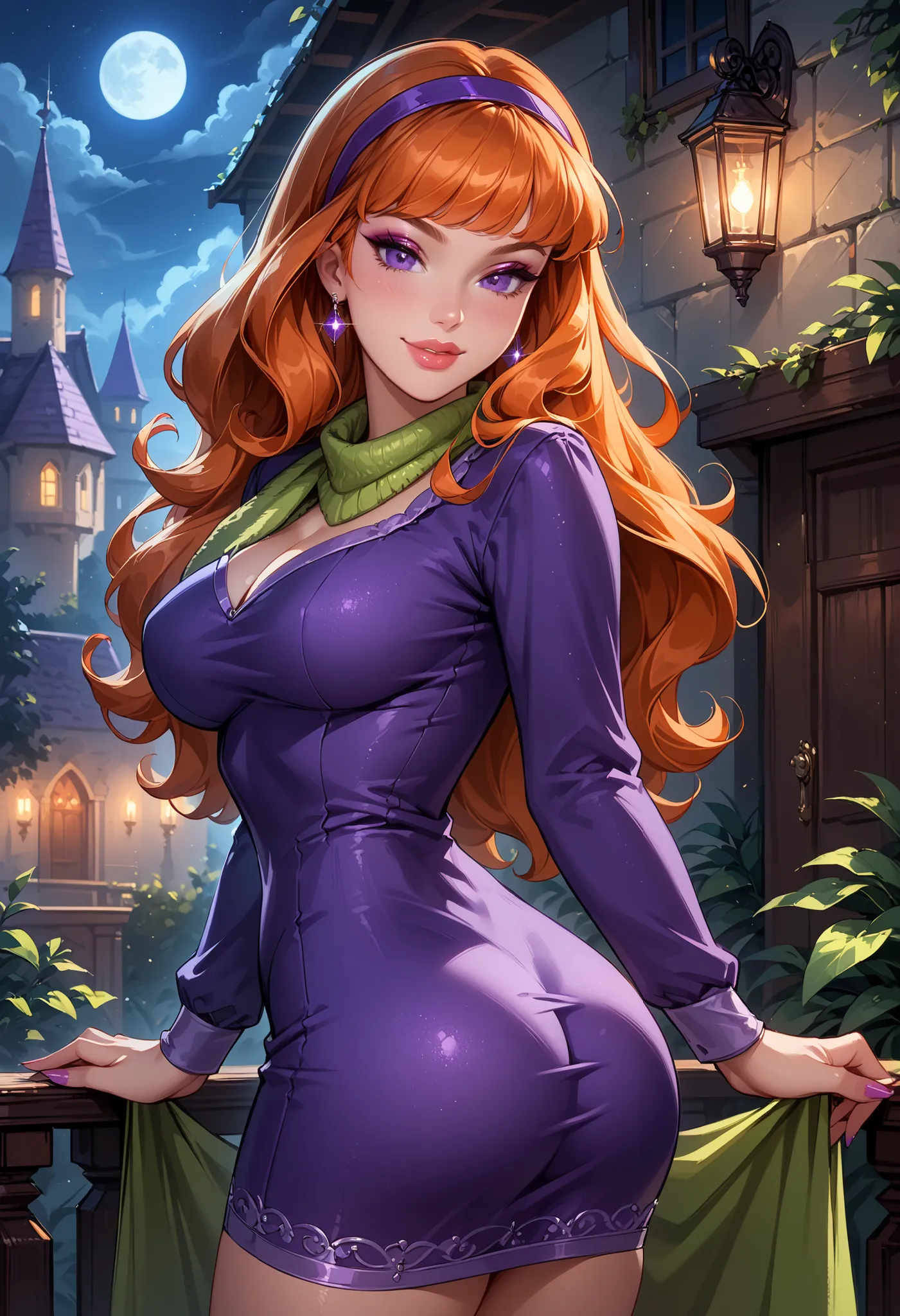 score_9, score_8_up, score_7_up, cinematic film still, solo, 1girl, very sexy (EPsbdDaphne, orange hair, long hair, purple eyes, purple hairband, green scarf, short purple dress, long sleeves:1.3), beautiful waifu, thicc, nm_fitbutt, ass, sexy big ass, bu...