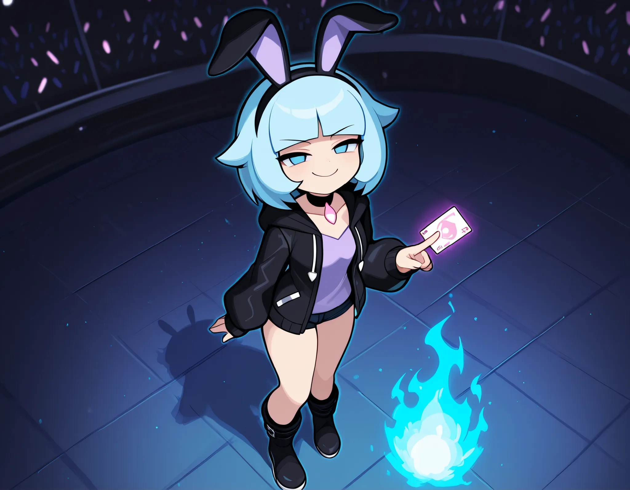 score_9, score_8_ up, score_7_ up, gawainsaga, {1girl}: (18 years old, bob cut hairstyle, bangs, blunt bangs, short light blue hair, dark blue eyes),(black hairband, carrot pendant on a black leather choker, black jacket, open jacket, hood, hood down, hood...