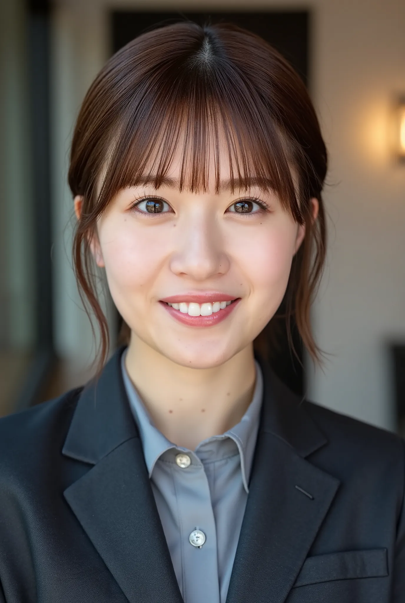 Neat Young Woman、and look at the camera、smile showing teeth、office lady suit、jacket、shirt、Hairstyle Shortcuts、 pale brown hair、dark eyeshadow、upper body、Background is in a room、